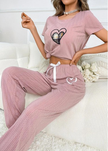 Pink loungewear,Heart loungewear,Heart Print Pink Round Neck Lounge Top and Pants