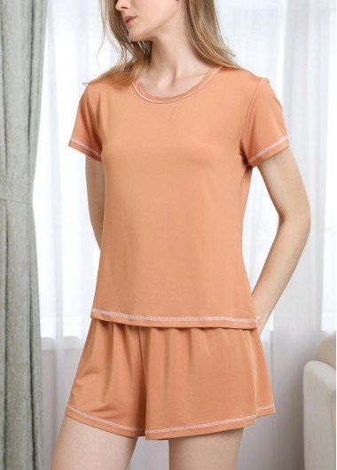 Orange loungewear,Plain Color loungewear,Orange Round Neck Short Sleeve Lounge Top and Shorts