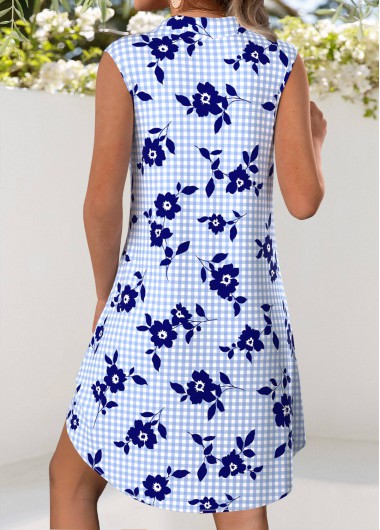 Blue dresses,Floral dresses,Plants dresses,Everyday dresses,Casual dresses,ROTITA Floral Print Blue High Low Shirt Collar Sleeveless Dress