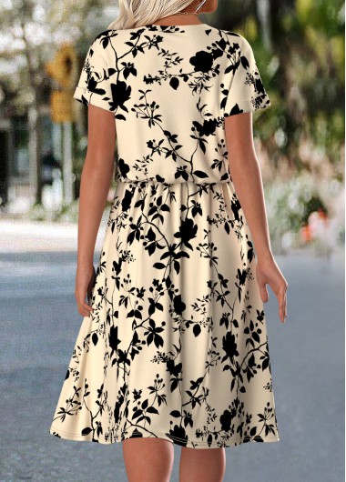 Light Camel dresses,Floral dresses,Plants dresses,Everyday dresses,Casual dresses,ROTITA Floral Print Light Camel Split Neck Short Sleeve Dress