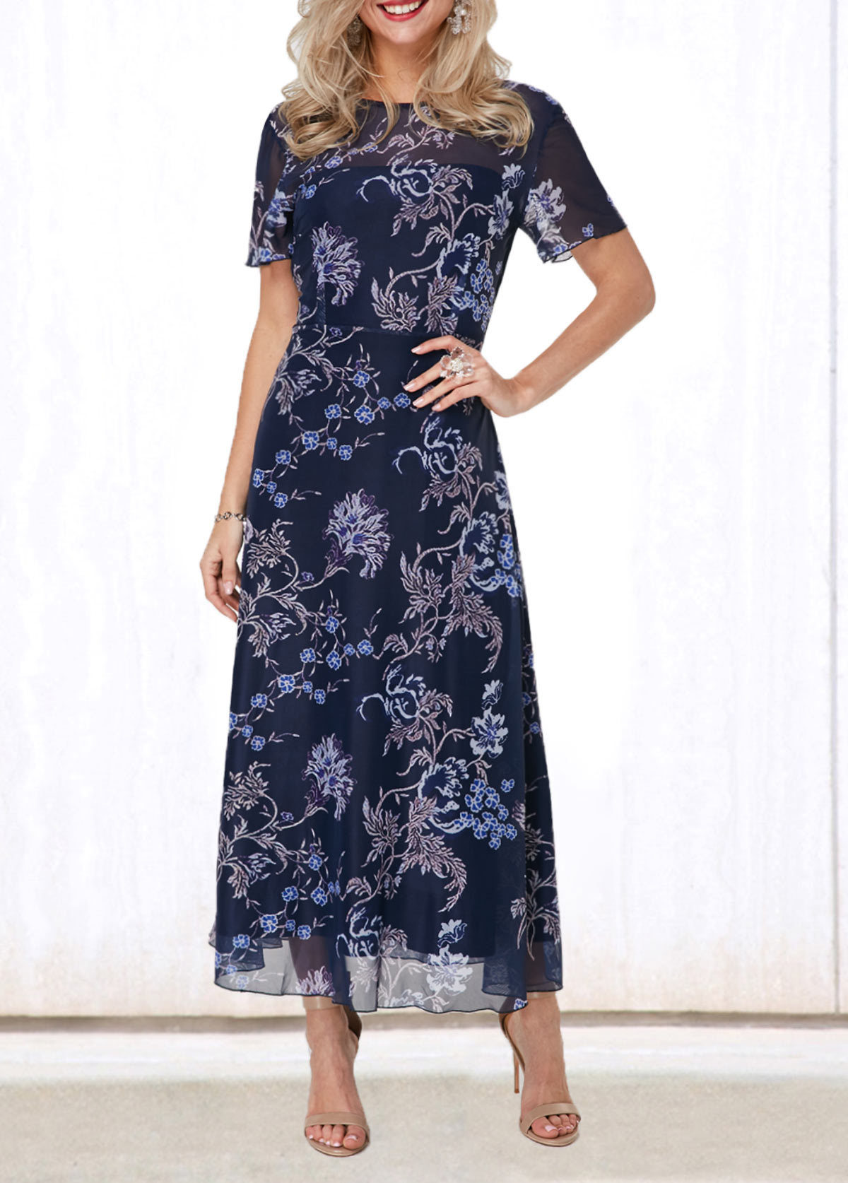 Floral dresses,Everyday dresses,Casual dresses,ROTITA V Back Round Neck Flower Print Dress