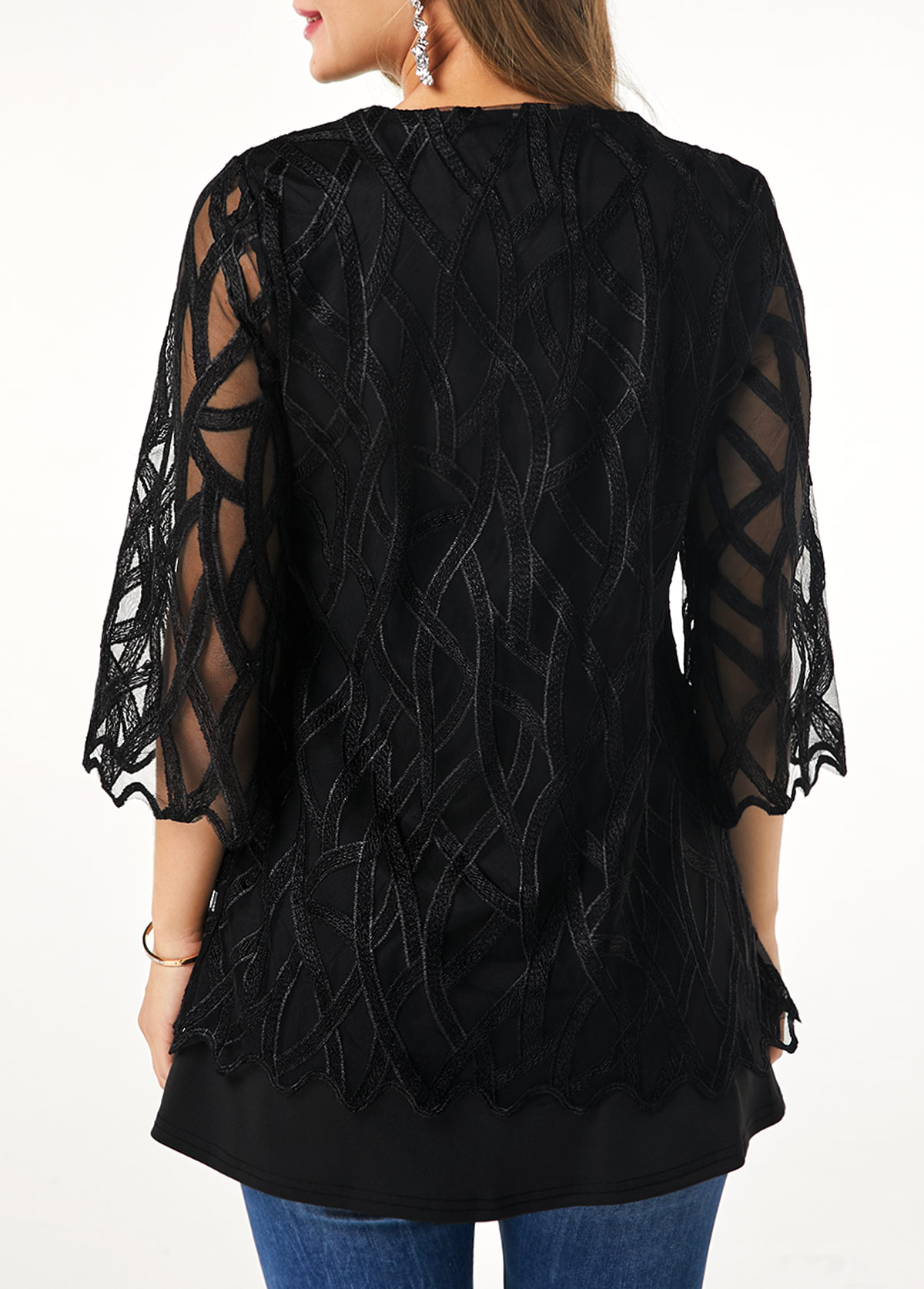 Black tops,Plain Color tops,ROTITA Patchwork Black Round Neck Fake Two Piece Twinset