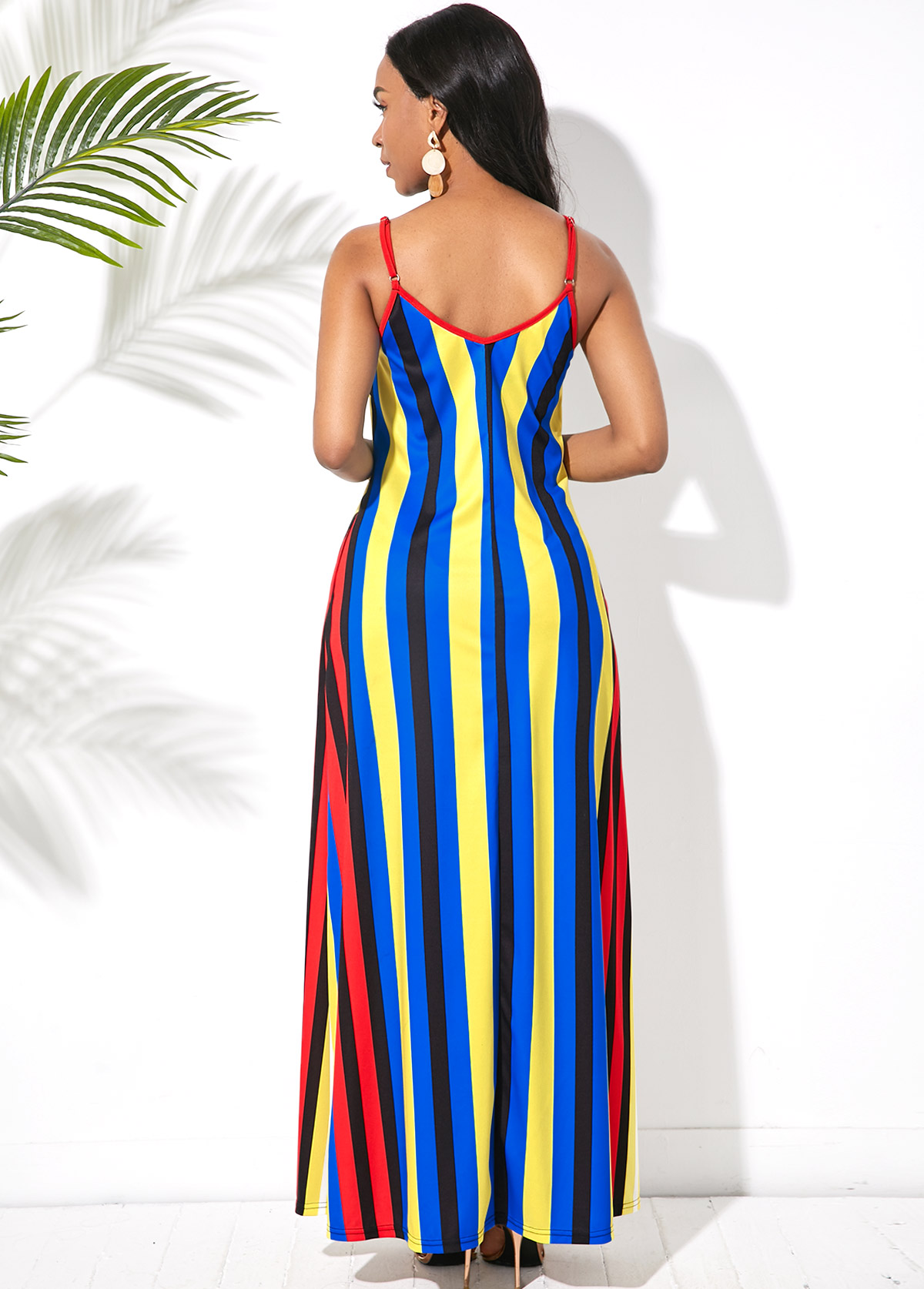 Blue dresses,Striped dresses,Vacation dresses,Vacation dresses,ROTITA Multi Stripe Side Pocket Spaghetti Strap Maxi Dress
