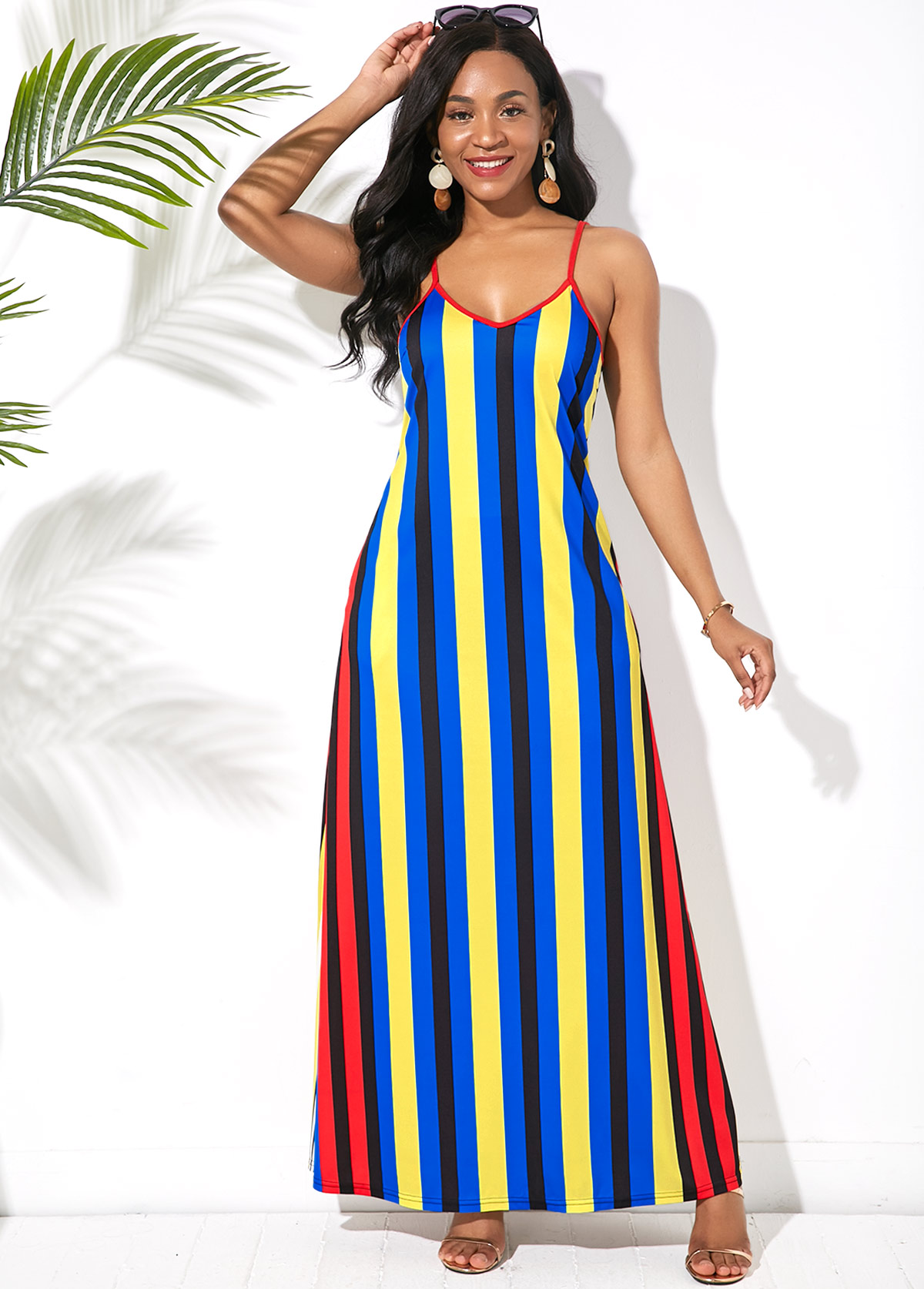 Blue dresses,Striped dresses,Vacation dresses,Vacation dresses,ROTITA Multi Stripe Side Pocket Spaghetti Strap Maxi Dress