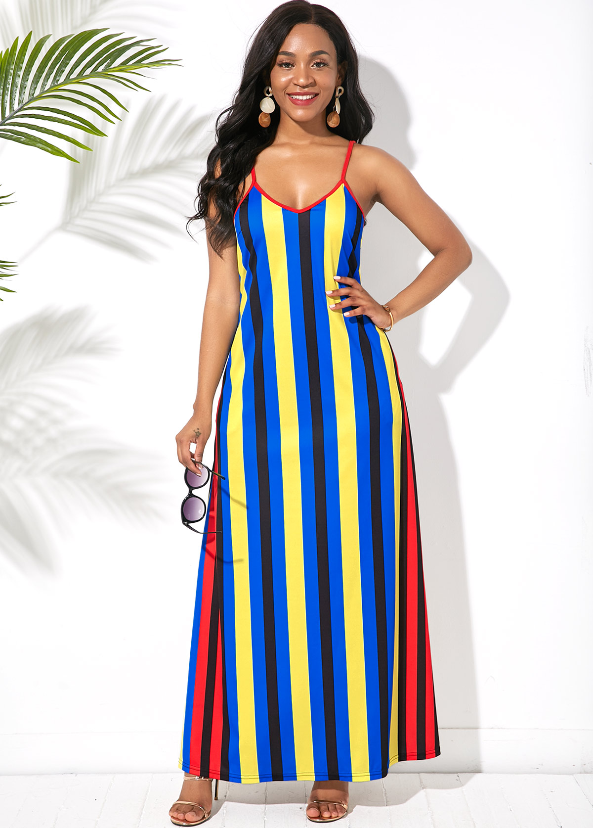 Blue dresses,Striped dresses,Vacation dresses,Vacation dresses,ROTITA Multi Stripe Side Pocket Spaghetti Strap Maxi Dress