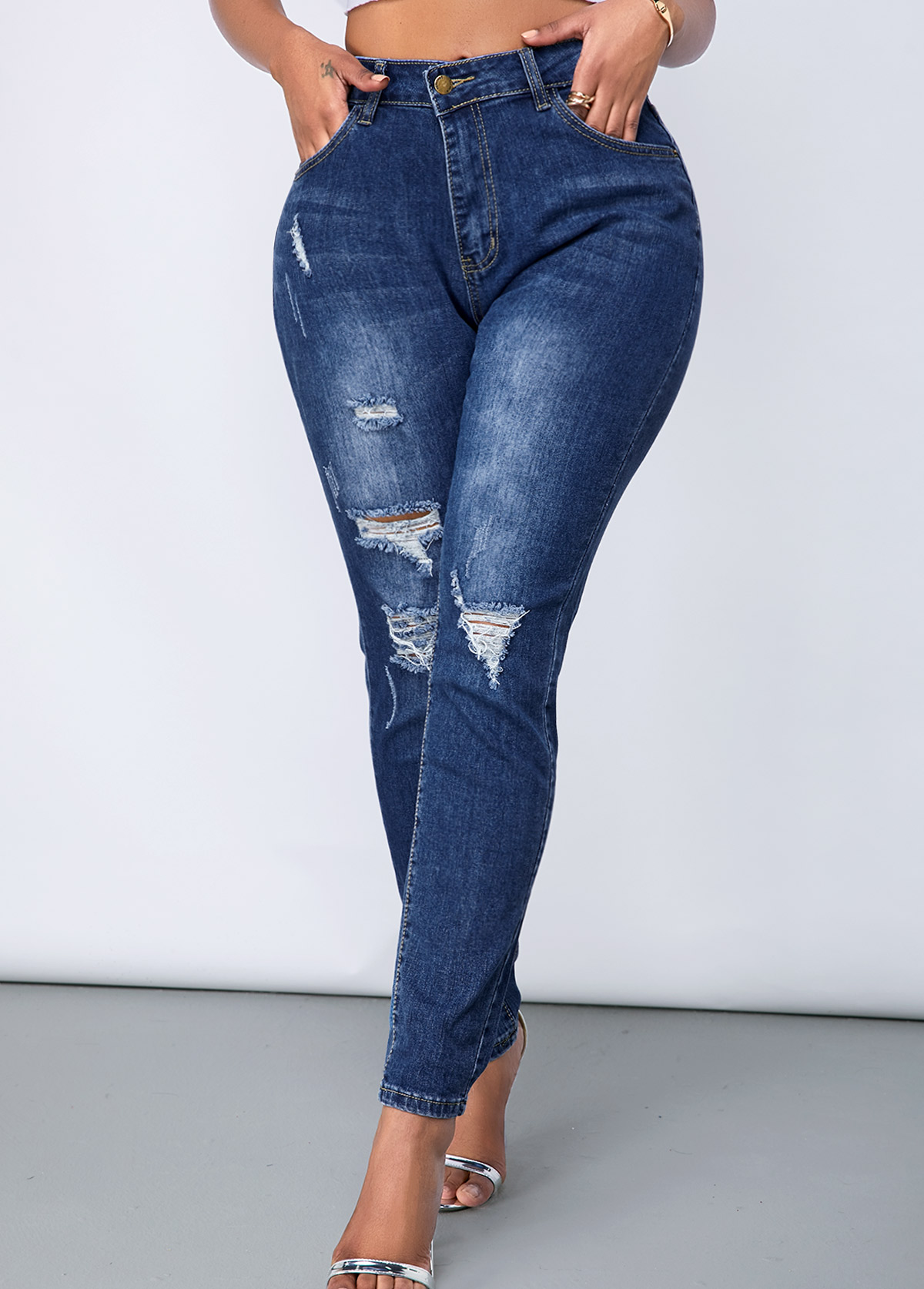 Denim Blue bottoms,Plain Color bottoms,ROTITA Shredded Acid Washed Slant Pocket Skinny Jeans