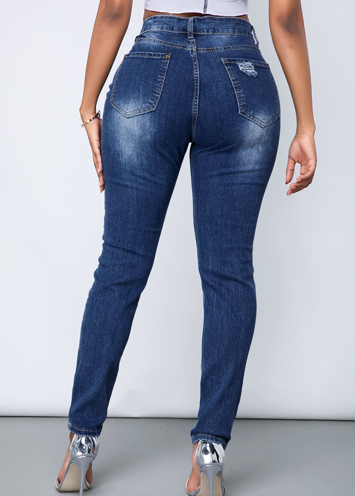 Denim Blue bottoms,Plain Color bottoms,ROTITA Shredded Acid Washed Slant Pocket Skinny Jeans