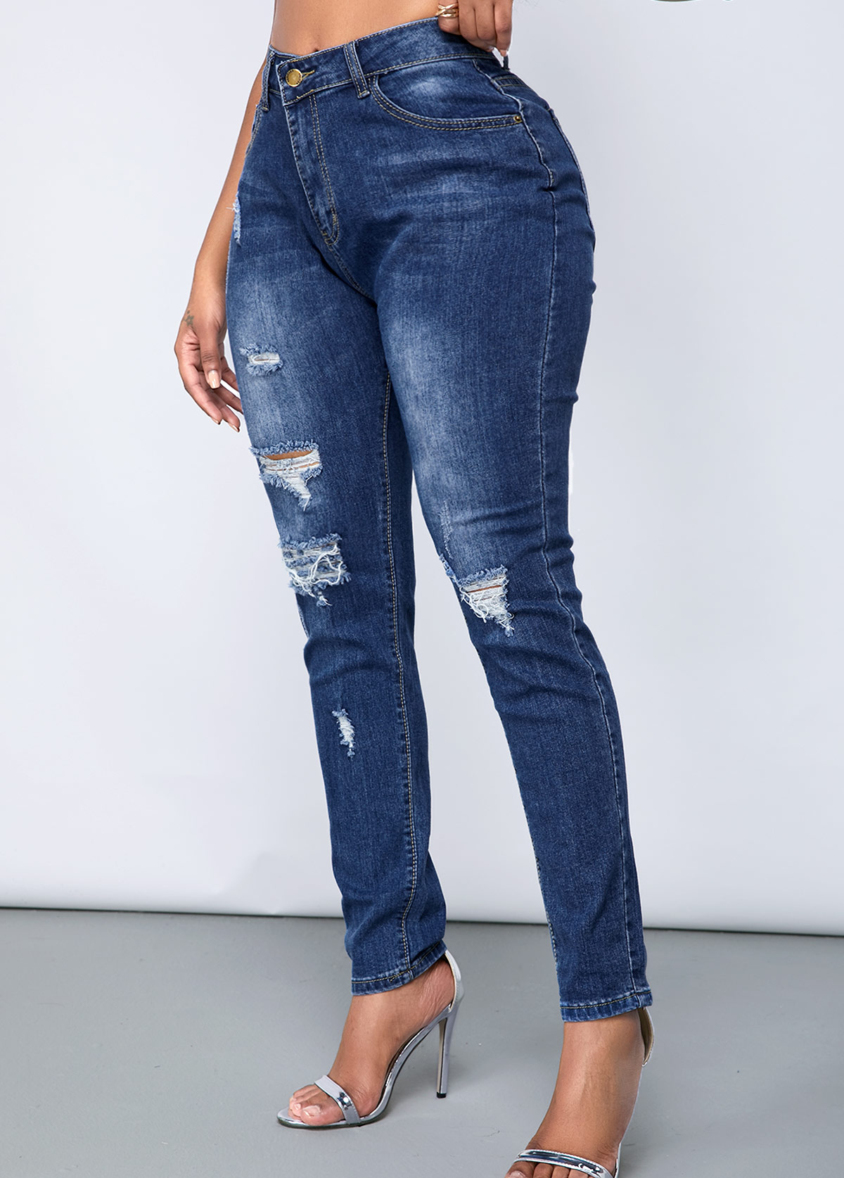 Denim Blue bottoms,Plain Color bottoms,ROTITA Shredded Acid Washed Slant Pocket Skinny Jeans