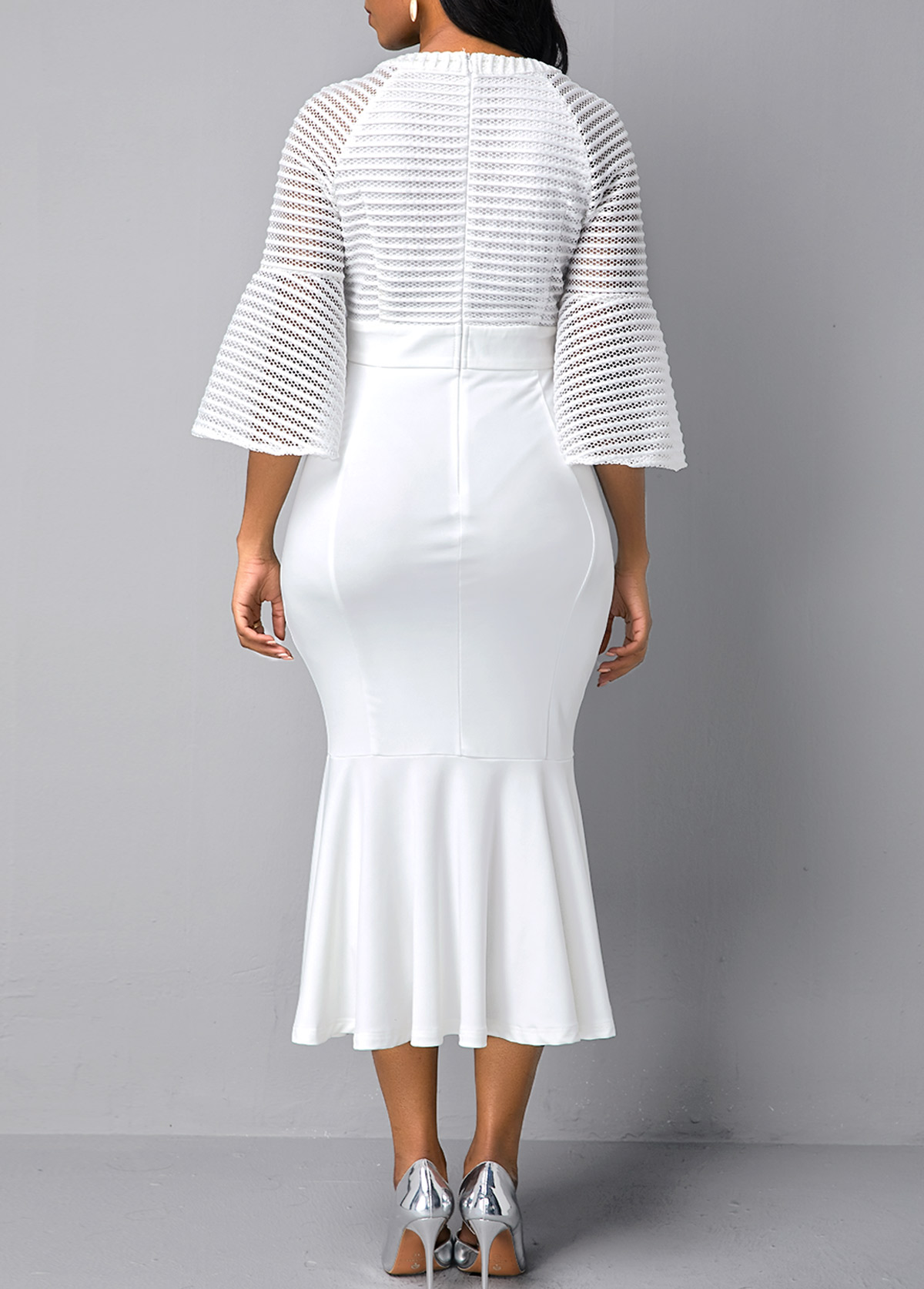 White dresses,Plain Color dresses,Party dresses,Elegant dresses,ROTITA Flare Sleeve Round Neck Mesh Panel Mermaid Dress