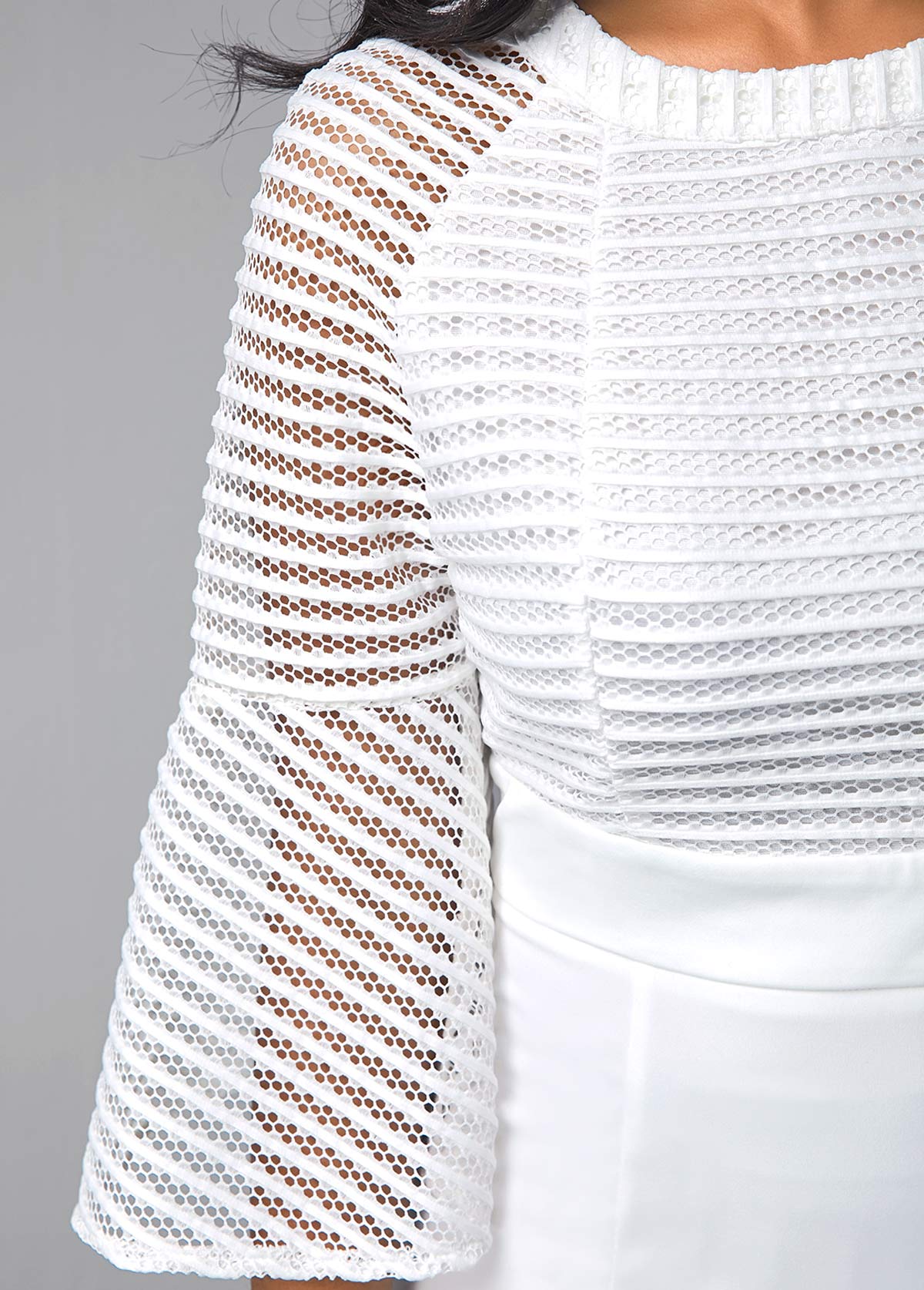 White dresses,Plain Color dresses,Party dresses,Elegant dresses,ROTITA Flare Sleeve Round Neck Mesh Panel Mermaid Dress