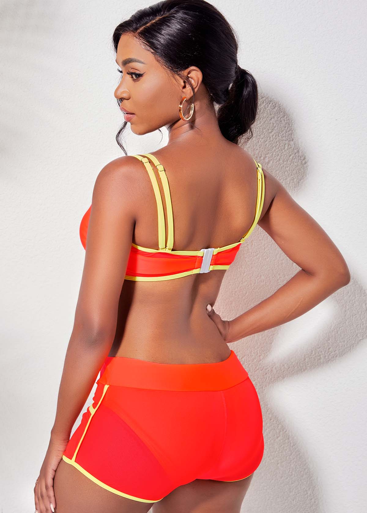 Contrast Color swimwear,ROTITA Tie Front Double Strap Contrast Piping Bikini Set