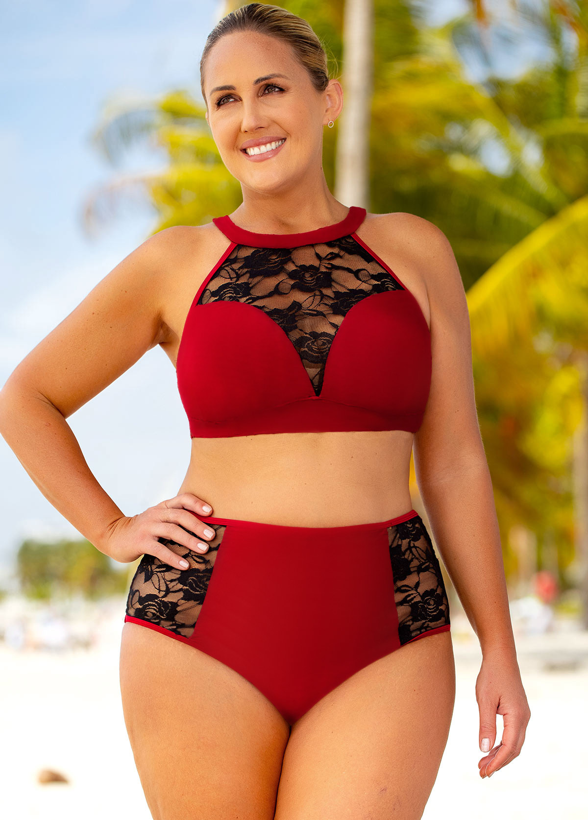 Wine Red plus size,Contrast Color plus size,ROTITA Plus Size High Waisted Lace Stitching Bikini Set