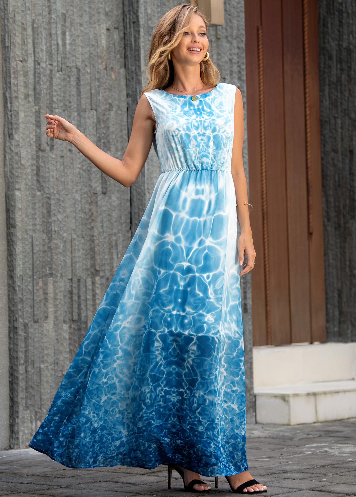 Sky Blue dresses,Tie Dye dresses,Vacation dresses,Vacation dresses,ROTITA Tie Dye Print Sleeveless V Back Maxi Dress