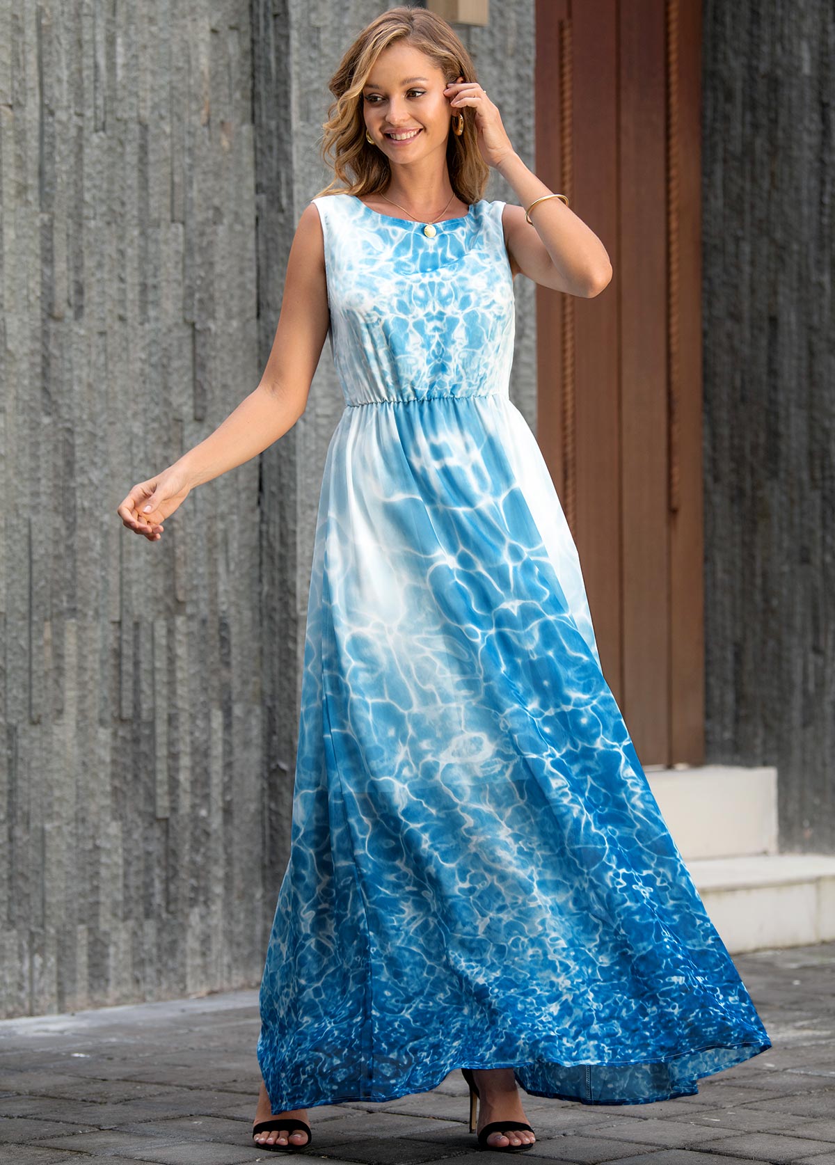 Sky Blue dresses,Tie Dye dresses,Vacation dresses,Vacation dresses,ROTITA Tie Dye Print Sleeveless V Back Maxi Dress
