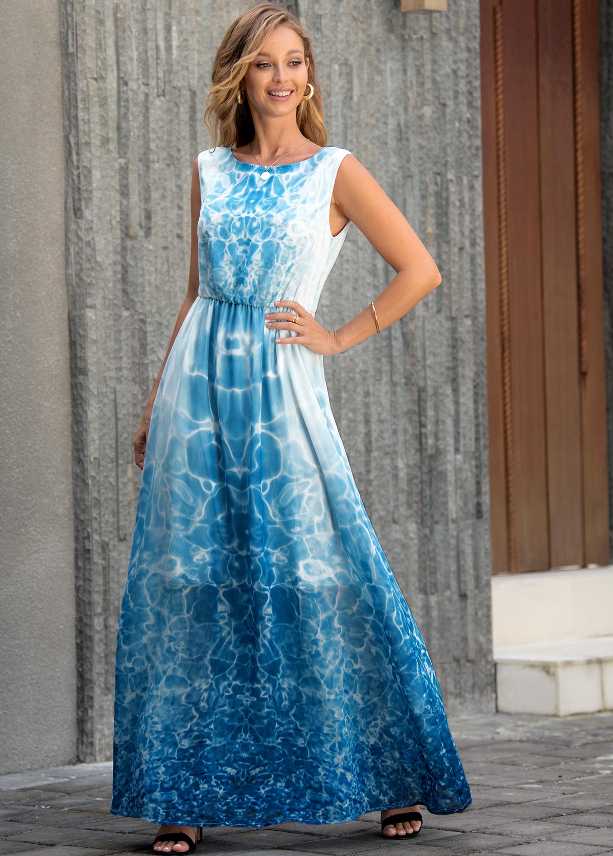 Sky Blue dresses,Tie Dye dresses,Vacation dresses,Vacation dresses,ROTITA Tie Dye Print Sleeveless V Back Maxi Dress