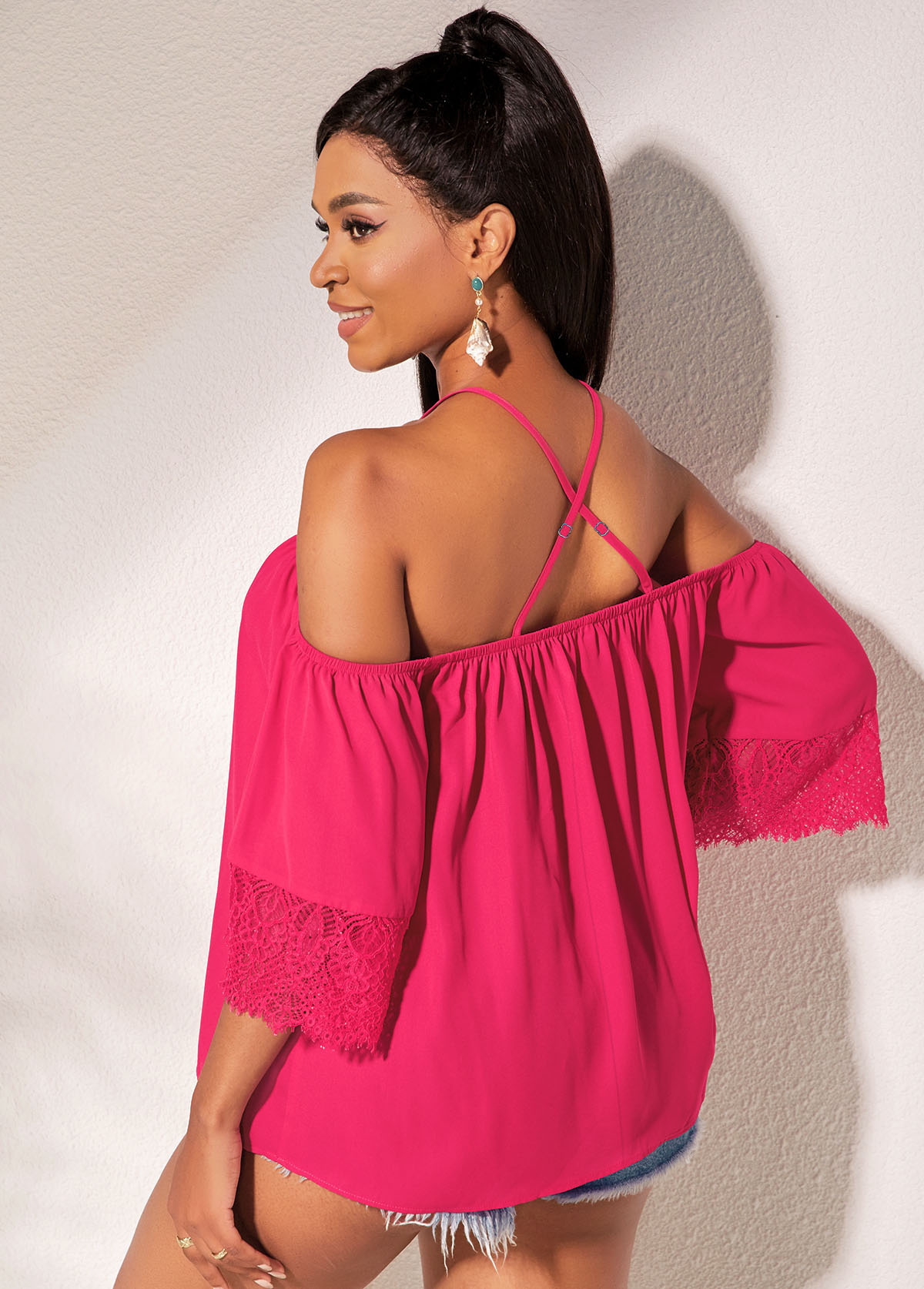 Hot Pink tops,Plain Color tops,ROTITA Hot Pink Off Shoulder Half Sleeve Blouse