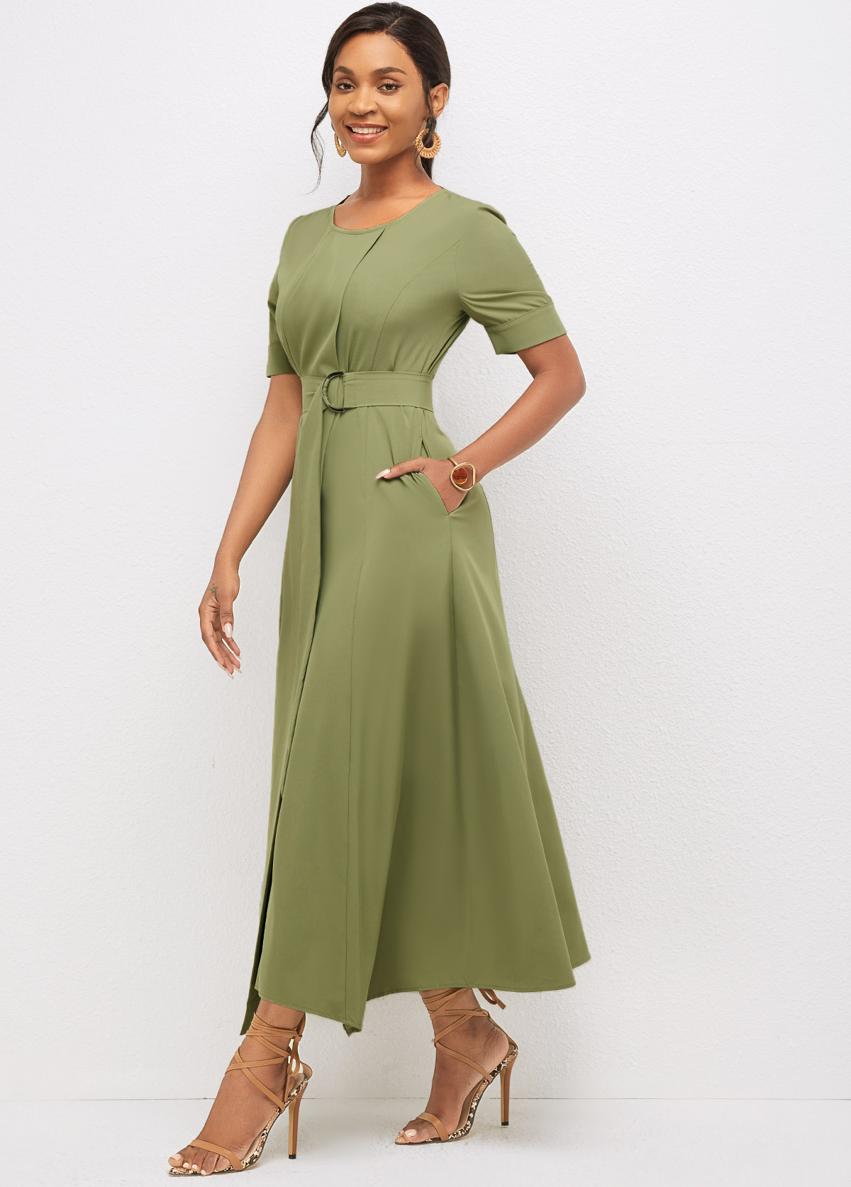 Olive Green dresses,Plain Color dresses,Party dresses,Elegant dresses,ROTITA Asymmetric Hem Round Neck Solid Dress 