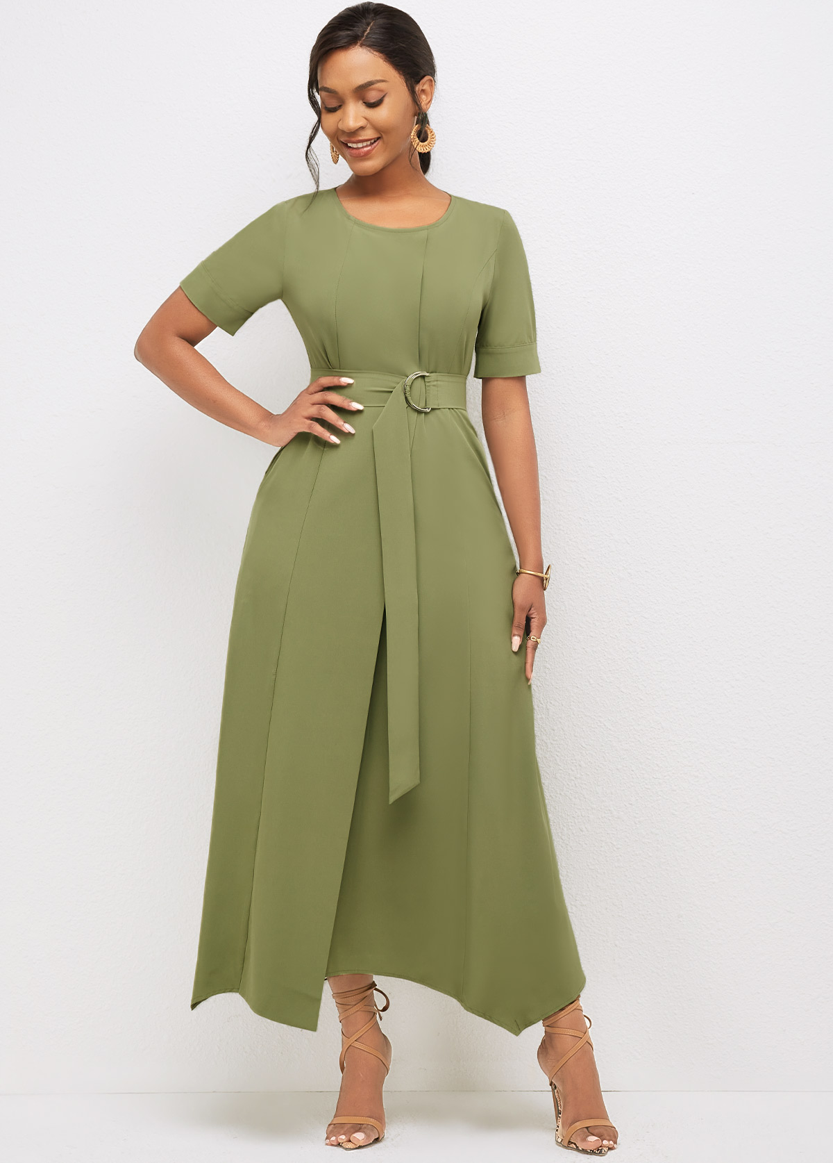 Olive Green dresses,Plain Color dresses,Party dresses,Elegant dresses,ROTITA Asymmetric Hem Round Neck Solid Dress 