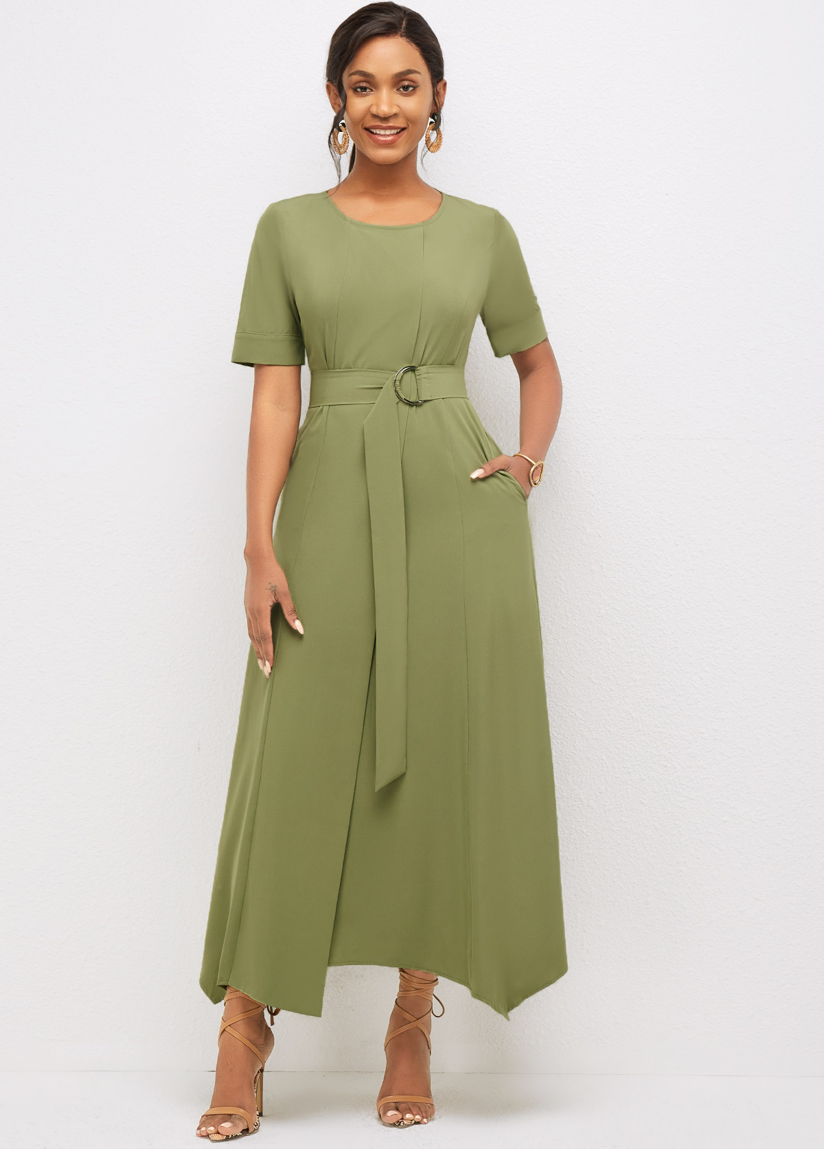 Olive Green dresses,Plain Color dresses,Party dresses,Elegant dresses,ROTITA Asymmetric Hem Round Neck Solid Dress 