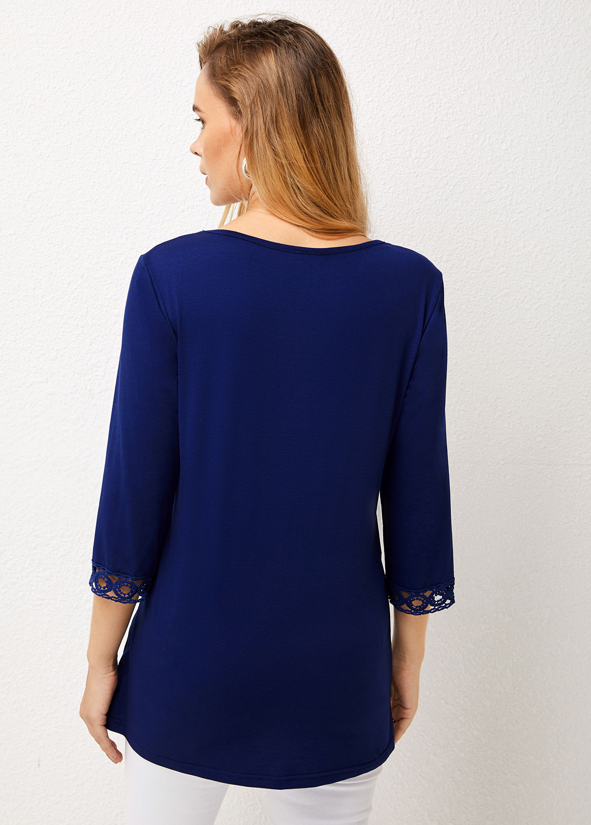 Navy tops,Plain Color tops,ROTITA Lace Patchwork Navy Crinkle Chest Split Neck Blouse