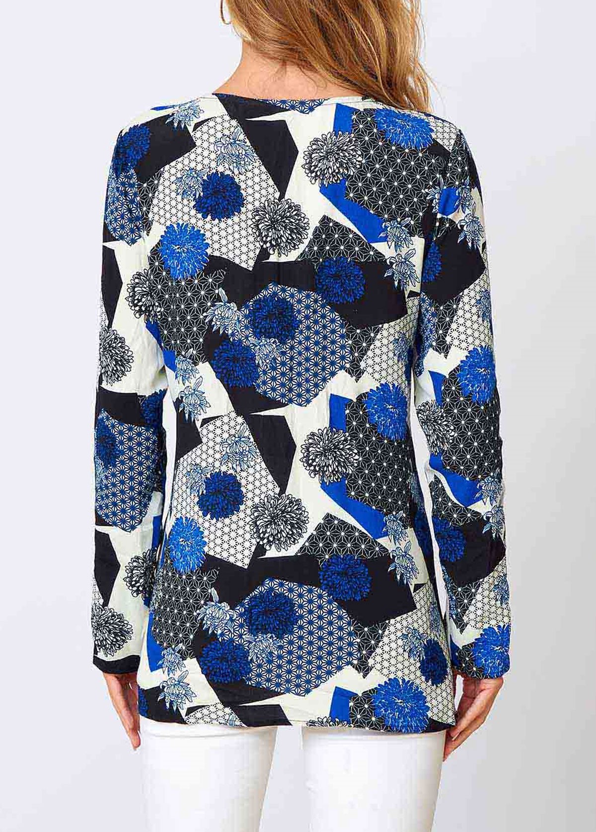 Blue tops,Floral tops,ROTITA Lace Floral Print Blue V Neck Long Sleeve Shirt