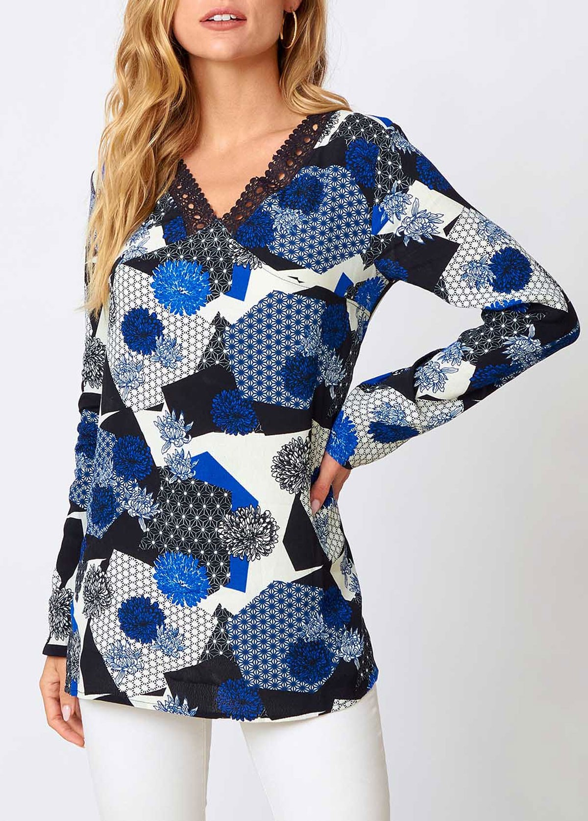 Blue tops,Floral tops,ROTITA Lace Floral Print Blue V Neck Long Sleeve Shirt