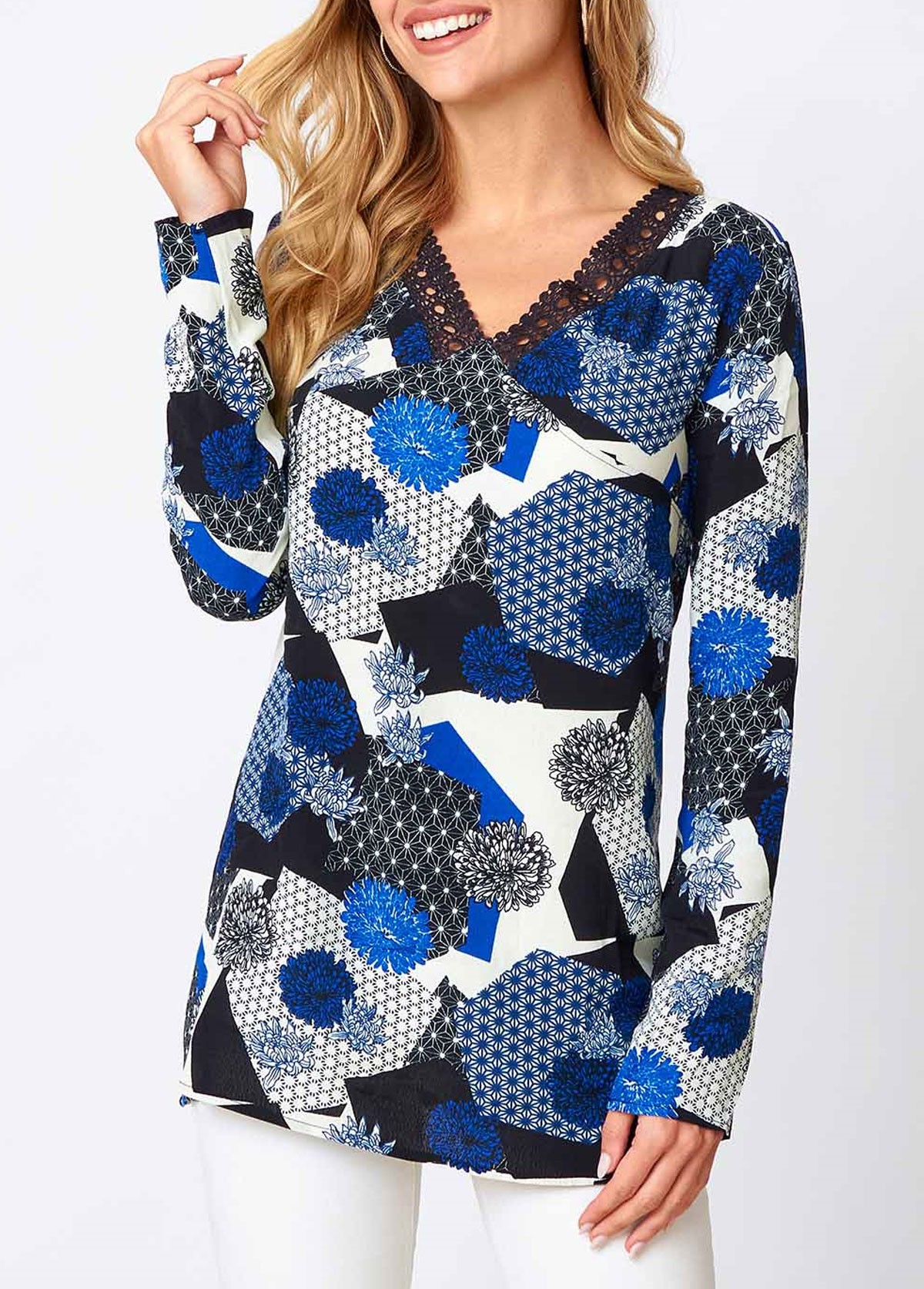 Blue tops,Floral tops,ROTITA Lace Floral Print Blue V Neck Long Sleeve Shirt