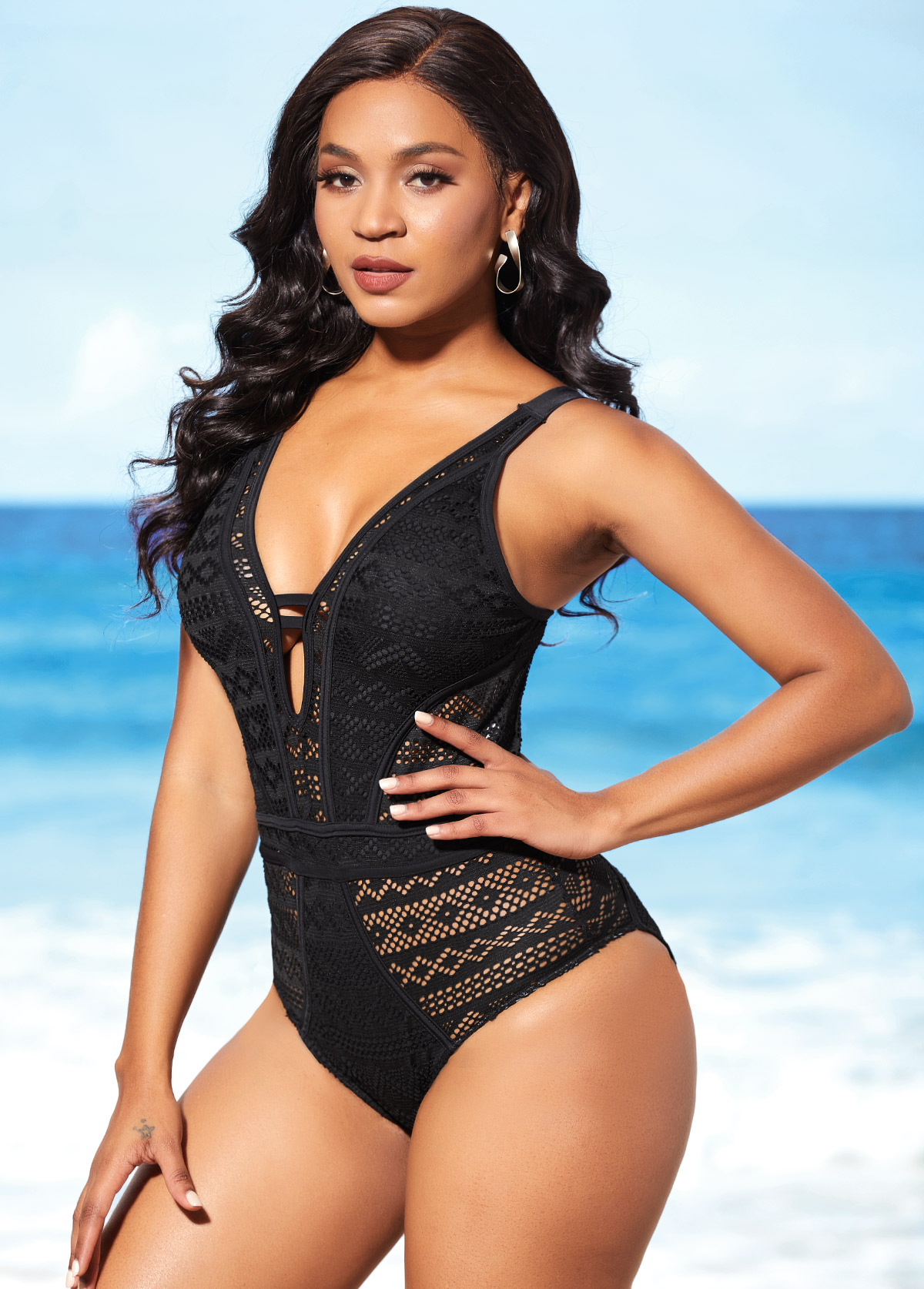 Black swimwear,Plain Color swimwear,ROTITA Hollow Design Black Tie Back One Piece Swimwear