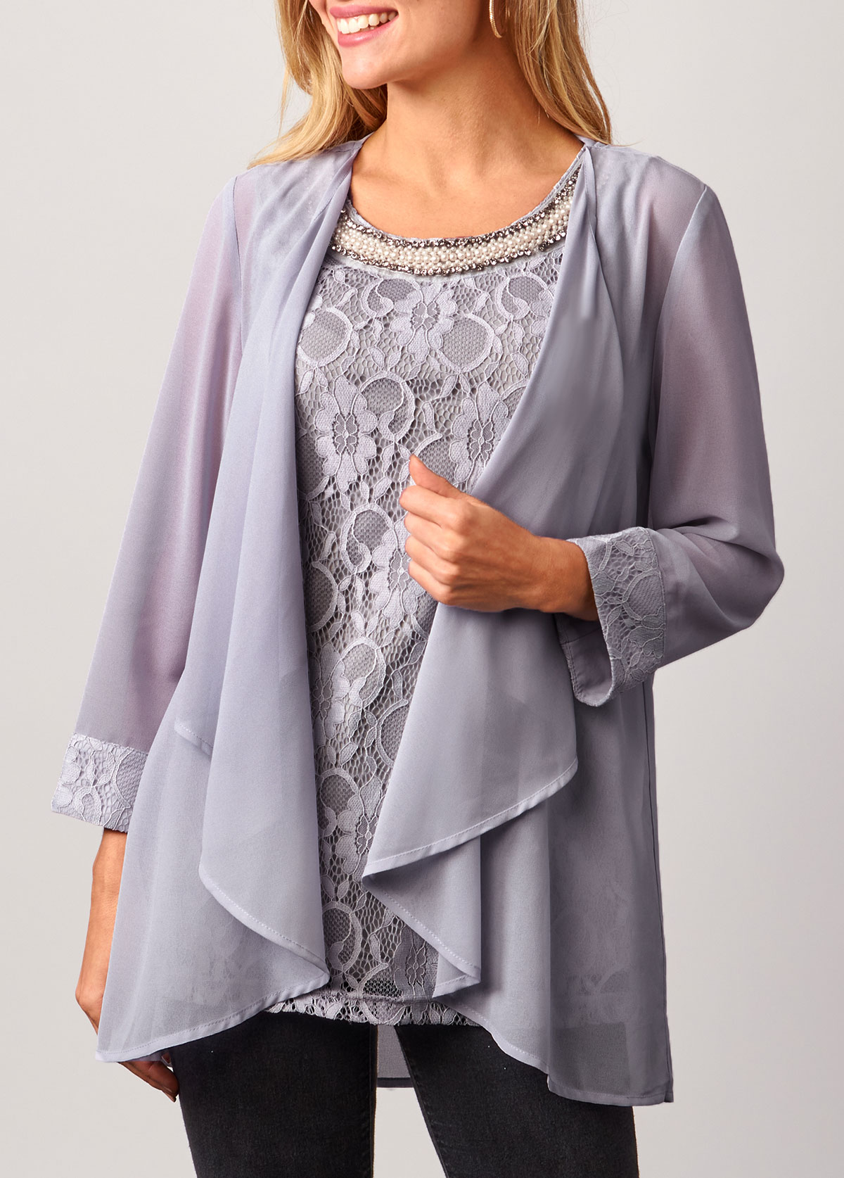 Light Grey tops,Plain Color tops,ROTITA Lace Patchwork Cardigan and Grey Round Neck Tank Top