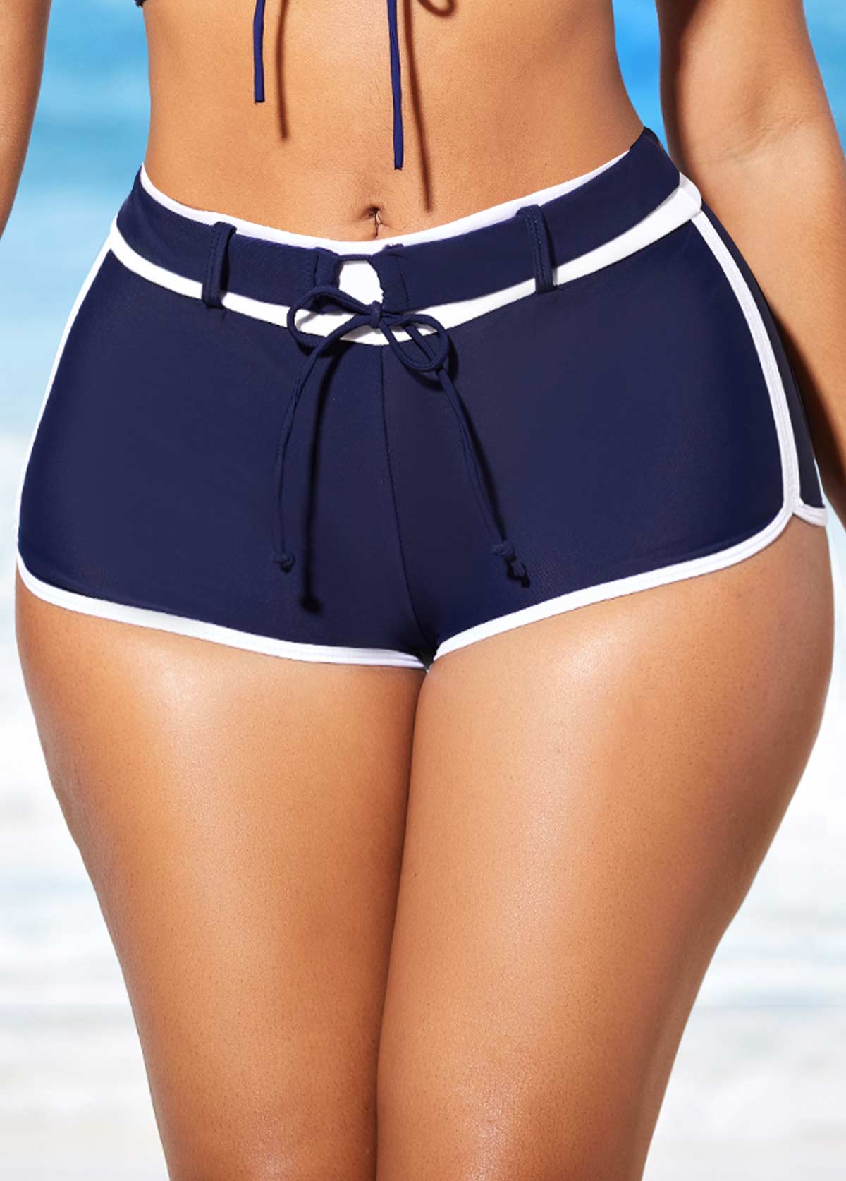 Contrast Color swimwear,ROTITA Navy Blue Drawstring Front Mid Waist Bikini Set