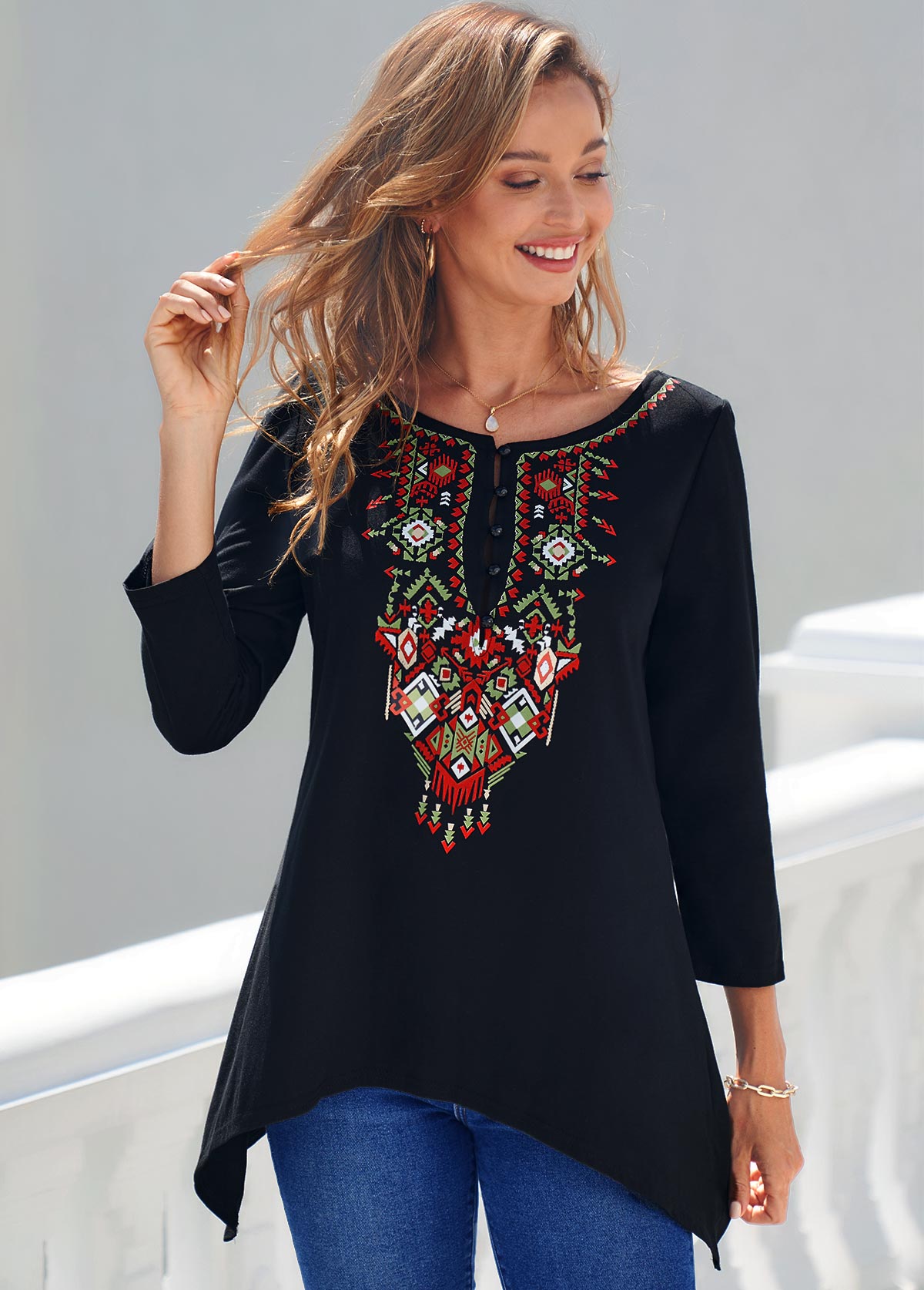 Black tops,Tribal tops,ROTITA Black Tribal Print Asymmetric Hem T Shirt