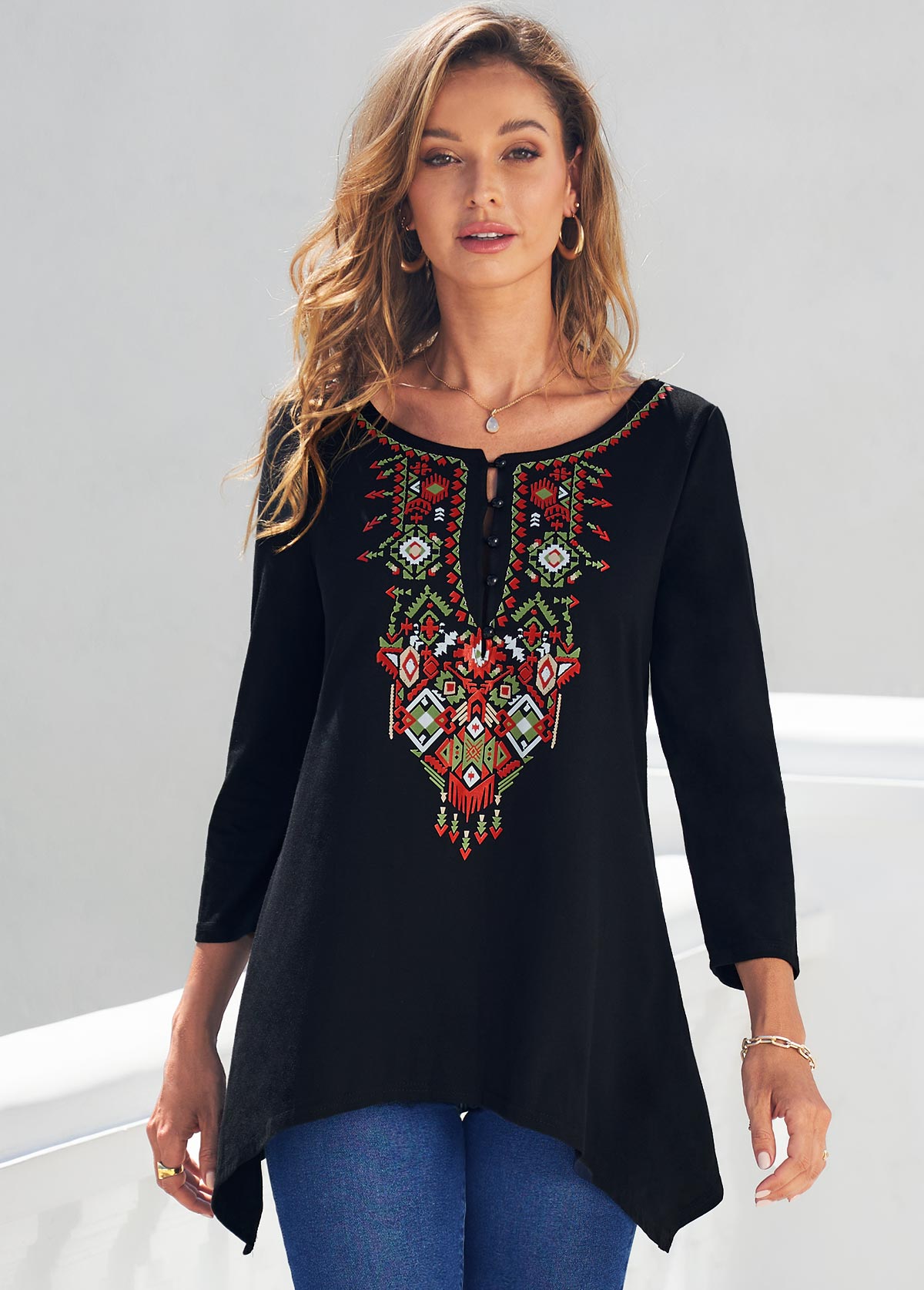 Black tops,Tribal tops,ROTITA Black Tribal Print Asymmetric Hem T Shirt