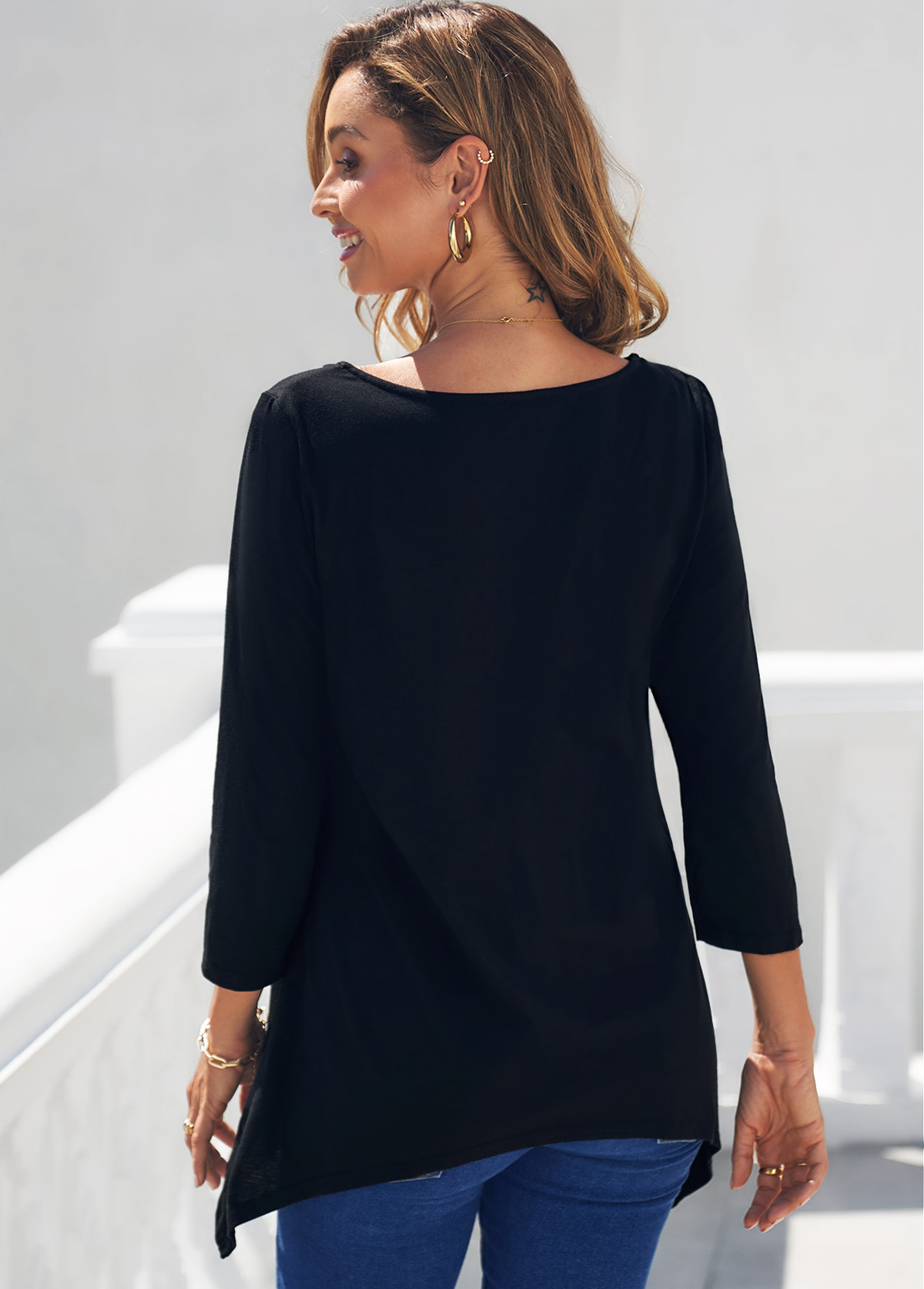 Black tops,Tribal tops,ROTITA Black Tribal Print Asymmetric Hem T Shirt