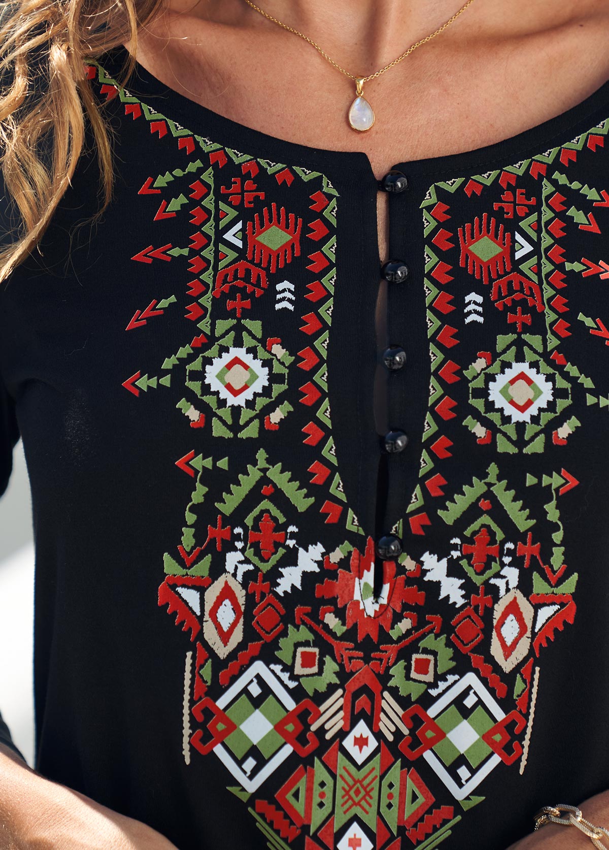 Black tops,Tribal tops,ROTITA Black Tribal Print Asymmetric Hem T Shirt