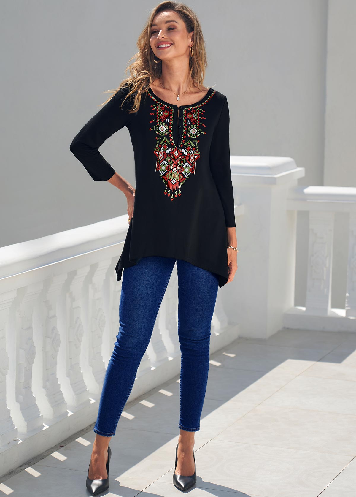 Black tops,Tribal tops,ROTITA Black Tribal Print Asymmetric Hem T Shirt