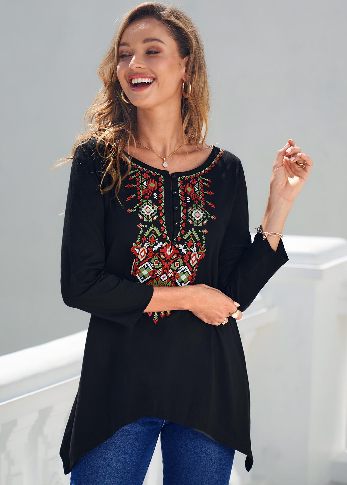 Black tops,Tribal tops,ROTITA Black Tribal Print Asymmetric Hem T Shirt