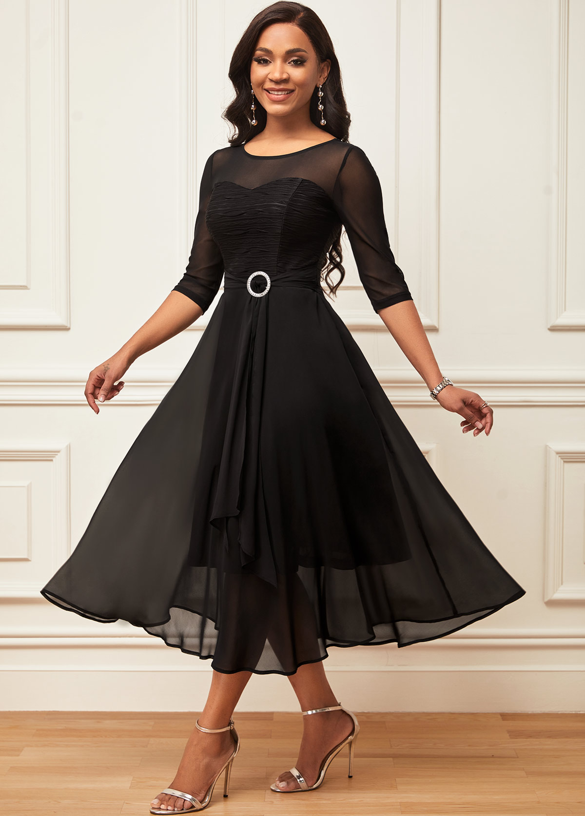 Black dresses,Plain Color dresses,Party dresses,Elegant dresses,ROTITA Chiffon Layered Hem 3/4 Sleeve Black Dress