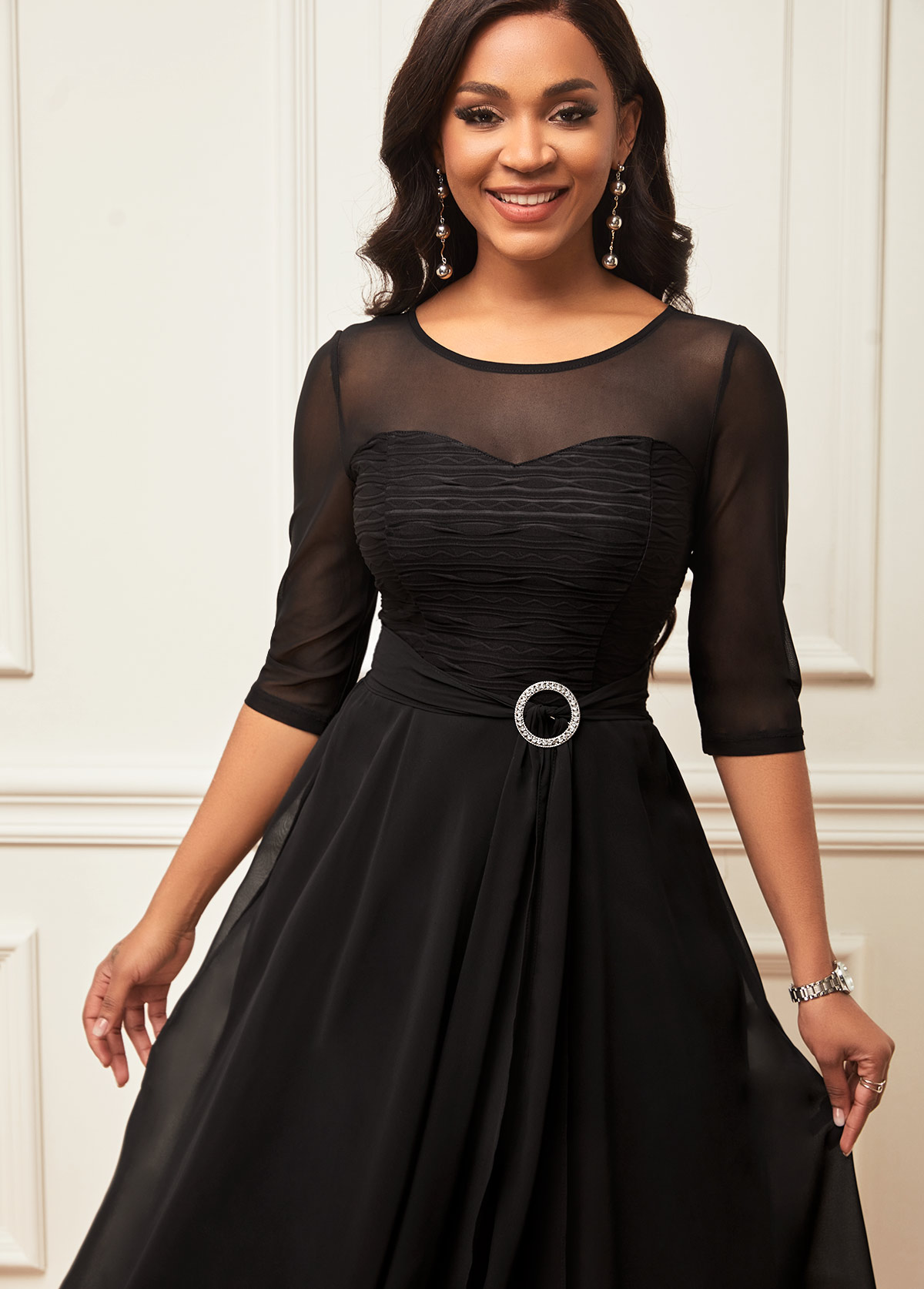 Black dresses,Plain Color dresses,Party dresses,Elegant dresses,ROTITA Chiffon Layered Hem 3/4 Sleeve Black Dress