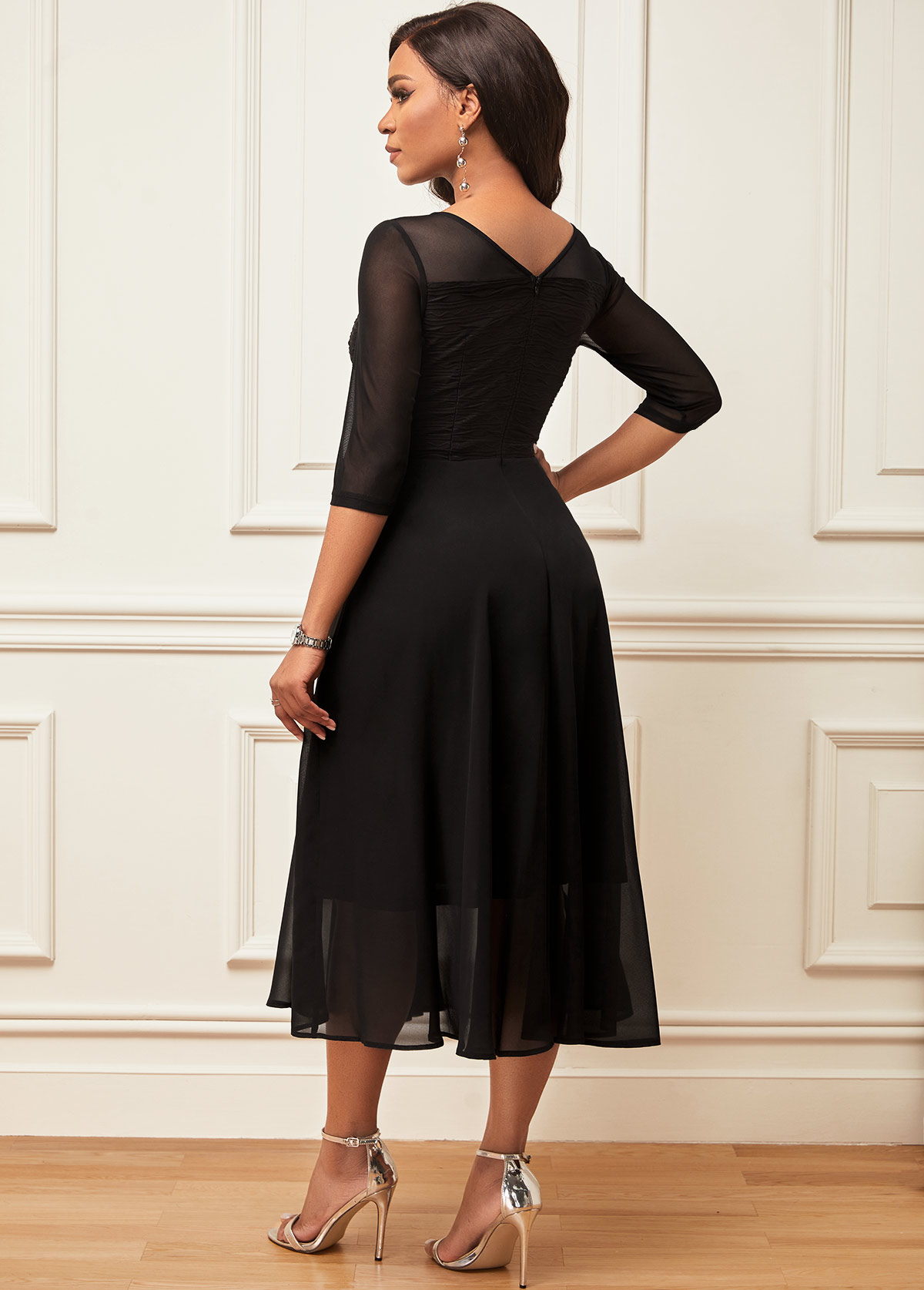 Black dresses,Plain Color dresses,Party dresses,Elegant dresses,ROTITA Chiffon Layered Hem 3/4 Sleeve Black Dress
