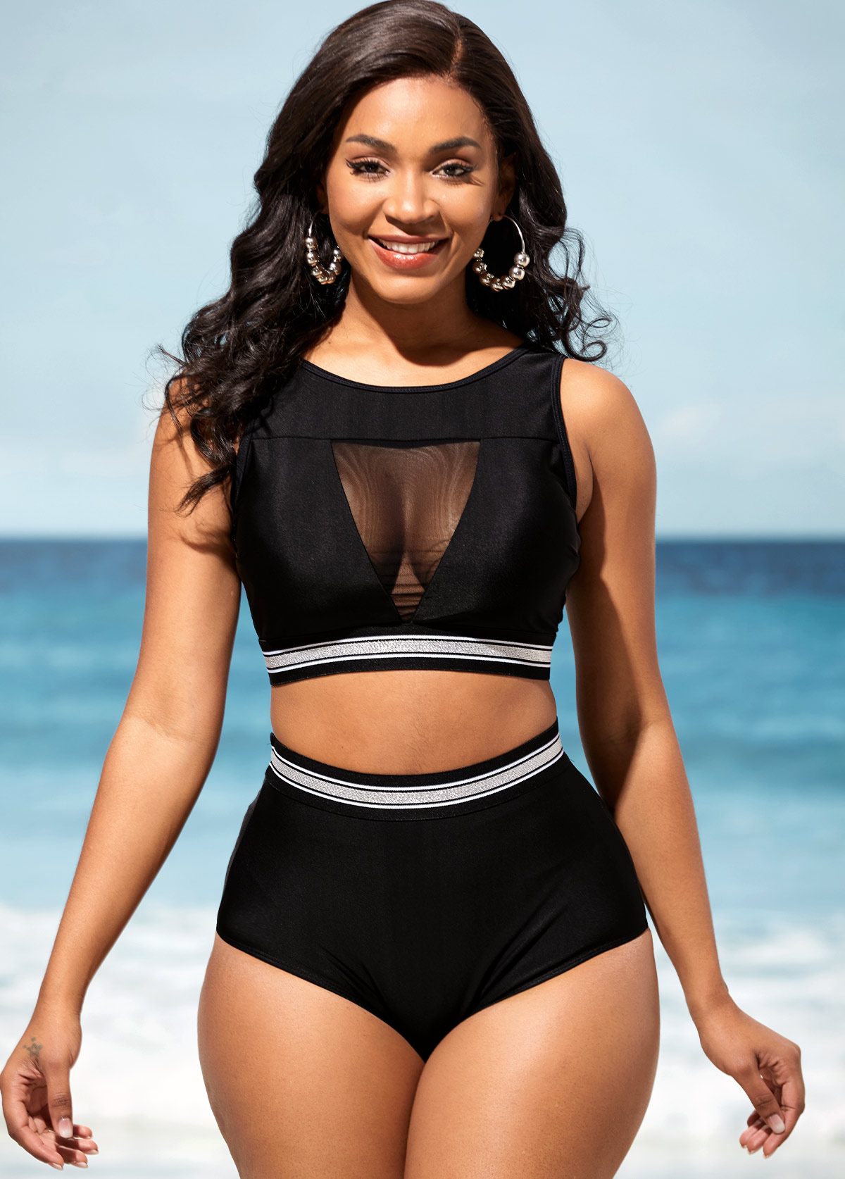 Black swimwear,Contrast Color swimwear,ROTITA High Waisted Mesh Stitching Black Bikini Set
