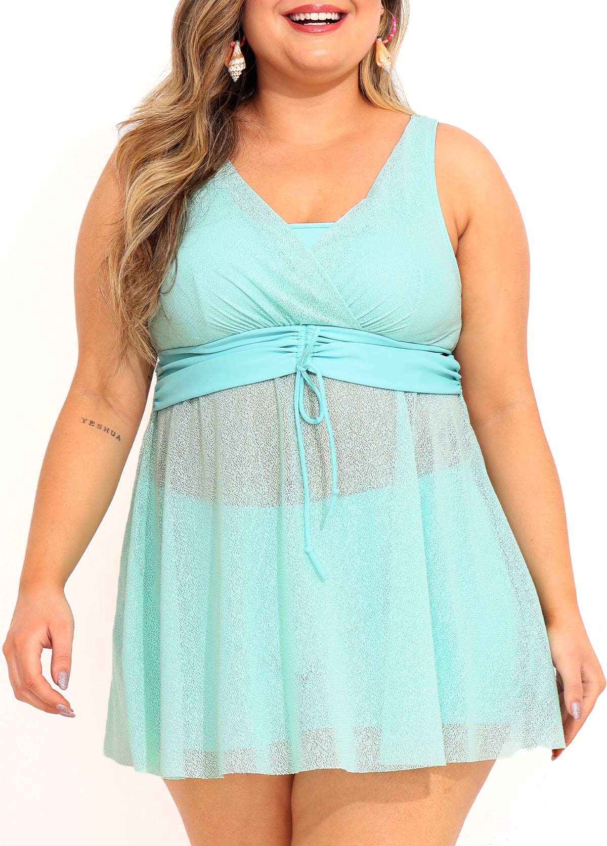 Blue plus size,Plain Color plus size,ROTITA Plus Size High Waisted Drawstring Blue Tankini Set