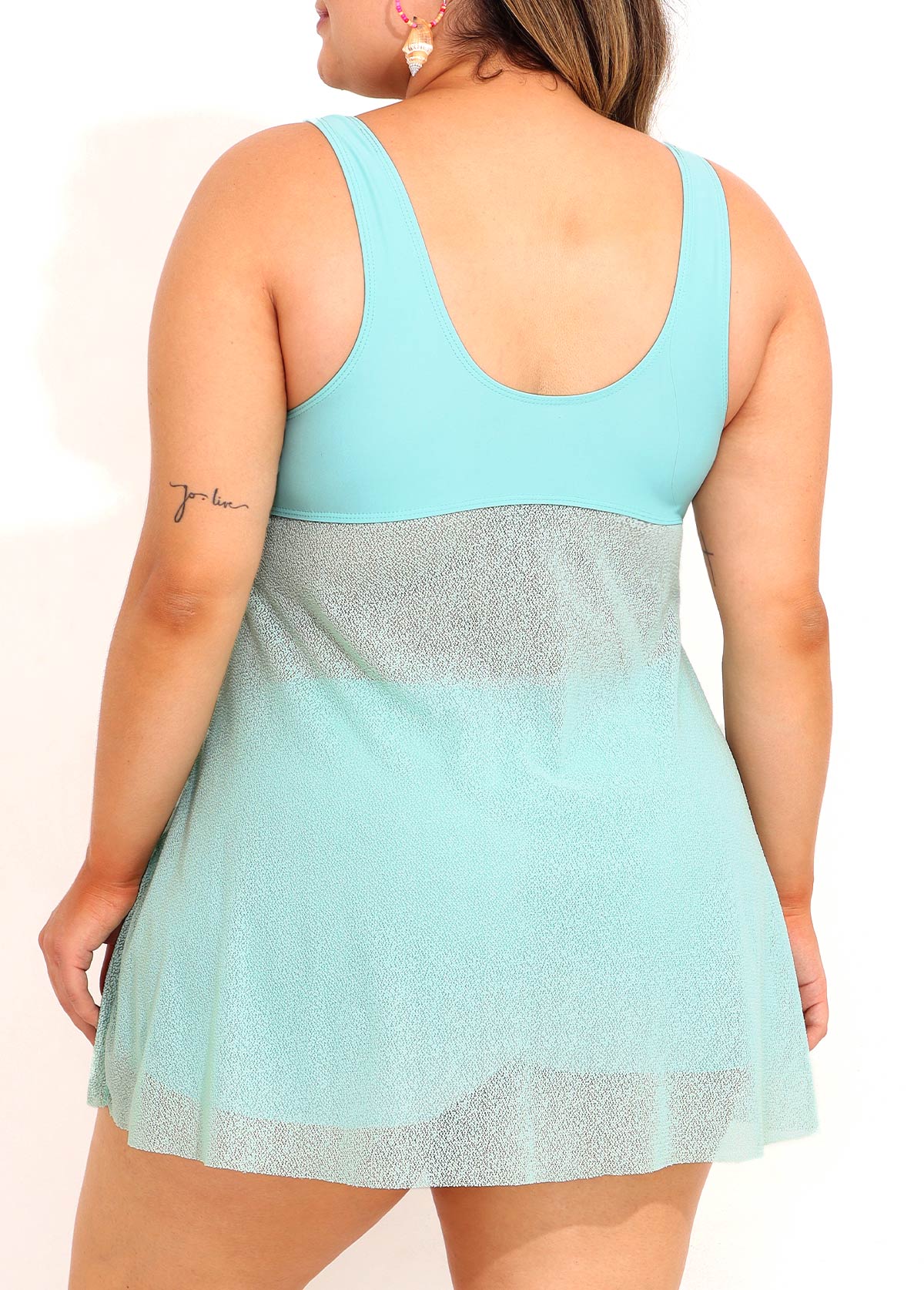Blue plus size,Plain Color plus size,ROTITA Plus Size High Waisted Drawstring Blue Tankini Set