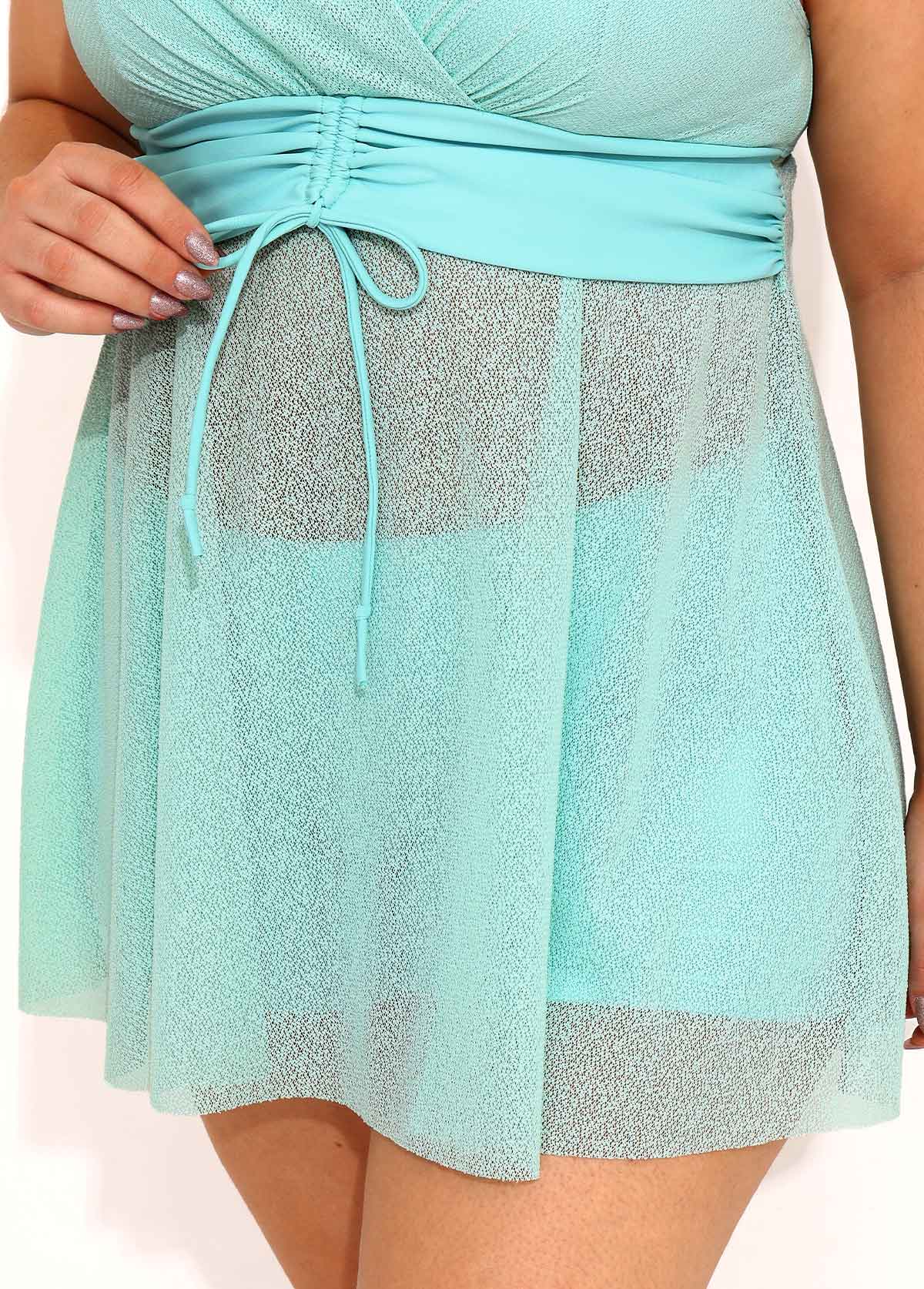 Blue plus size,Plain Color plus size,ROTITA Plus Size High Waisted Drawstring Blue Tankini Set