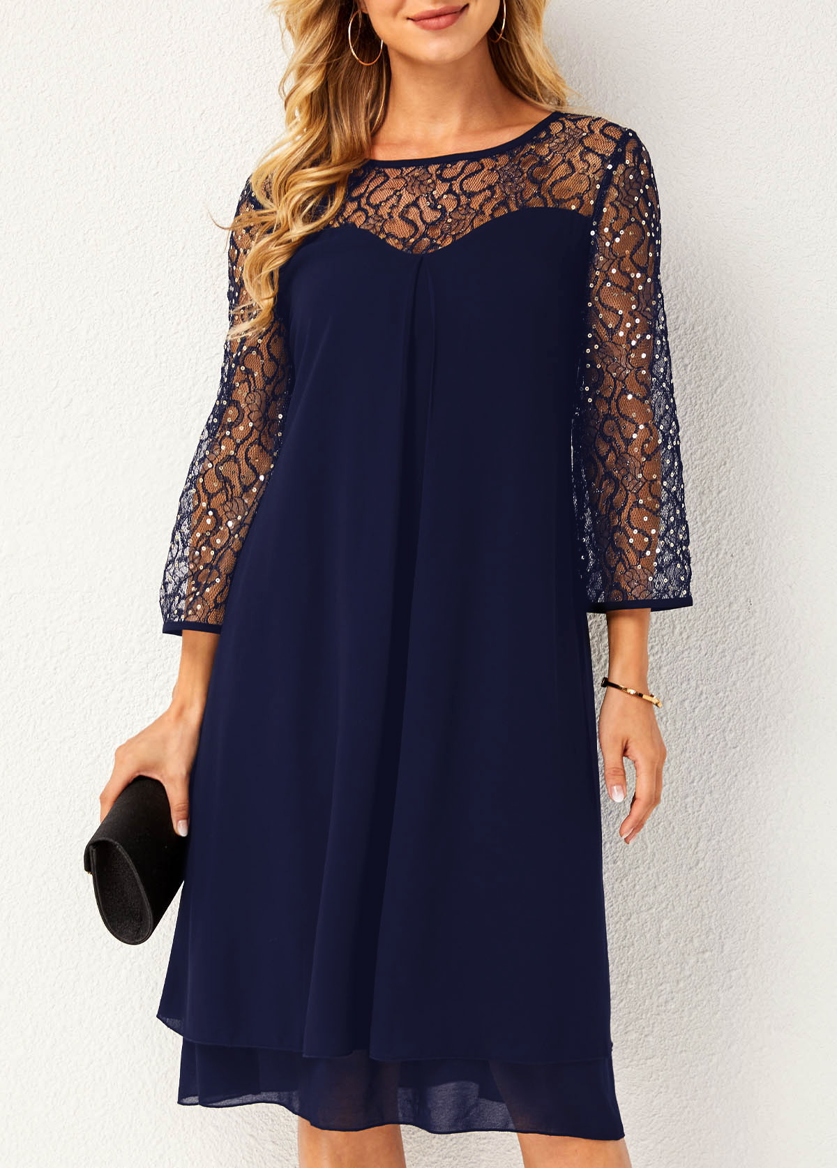 Navy dresses,Plain Color dresses,Party dresses,Elegant dresses,ROTITA Lace Stitching Sequin Navy Blue Dress