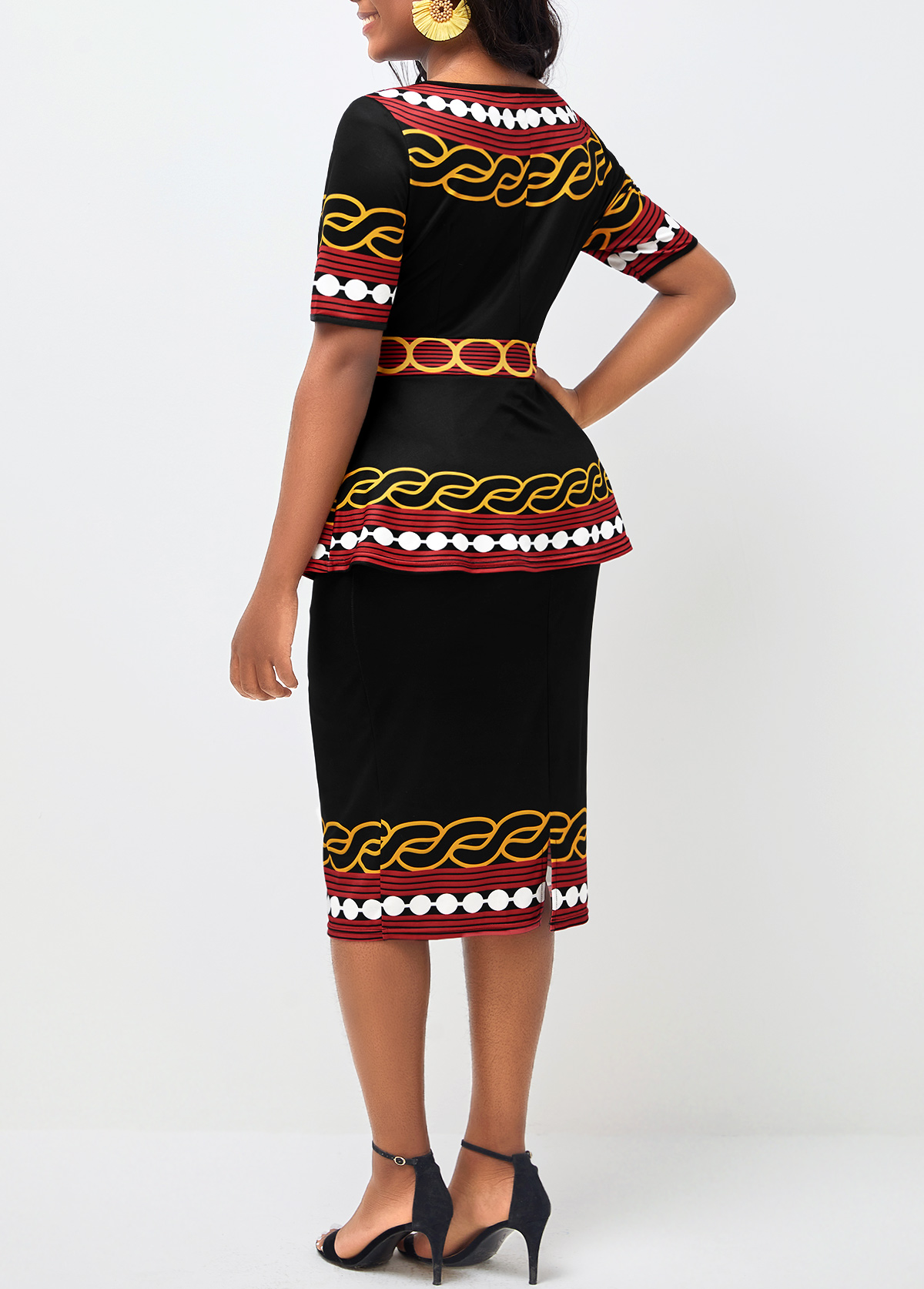 Deep Red dresses,Tribal dresses,Party dresses,Elegant dresses,ROTITA Black Tribal Print Round Neck Peplum Waist Dress