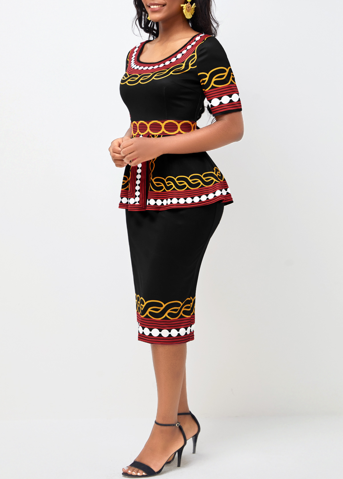 Deep Red dresses,Tribal dresses,Party dresses,Elegant dresses,ROTITA Black Tribal Print Round Neck Peplum Waist Dress