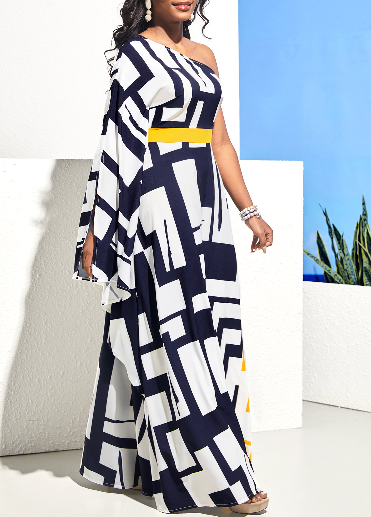 Geometric dresses,Party dresses,Elegant dresses,ROTITA One Shoulder Geometric Print Navy Blue Maxi Dress