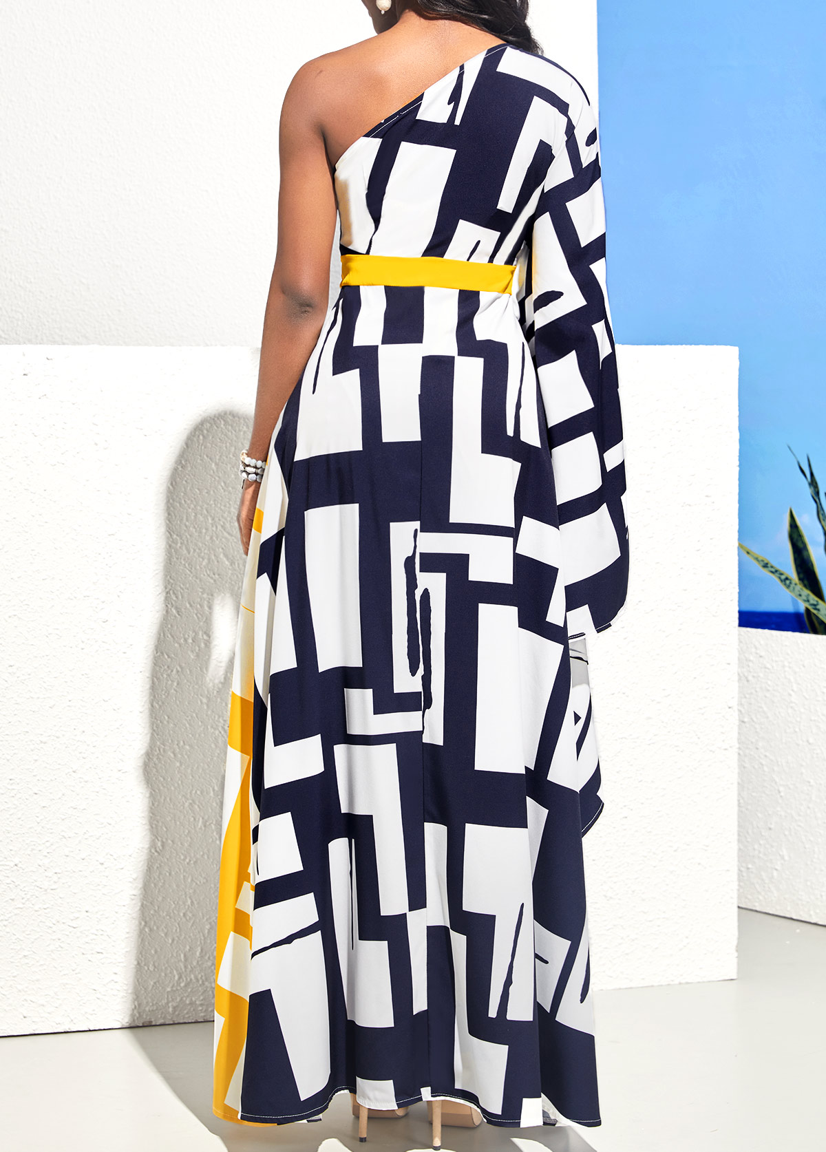 Geometric dresses,Party dresses,Elegant dresses,ROTITA One Shoulder Geometric Print Navy Blue Maxi Dress