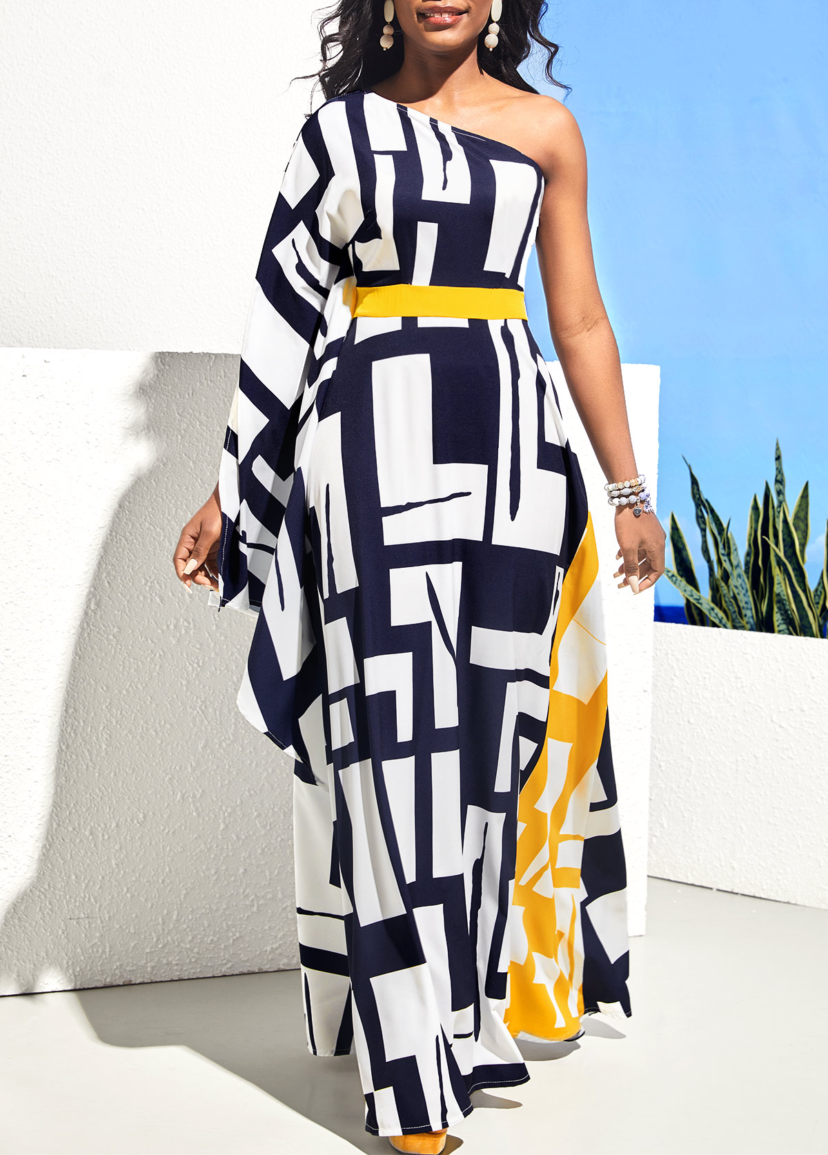 Geometric dresses,Party dresses,Elegant dresses,ROTITA One Shoulder Geometric Print Navy Blue Maxi Dress