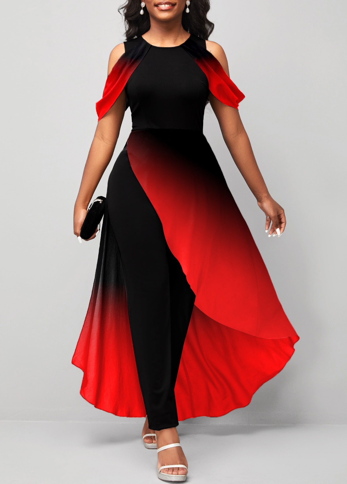 Red jumpsuits&rompers,Black jumpsuits&rompers,Ombre jumpsuits&rompers,Asymmetry Ombre Red Ankle Length Jogger Round Neck Jumpsuit